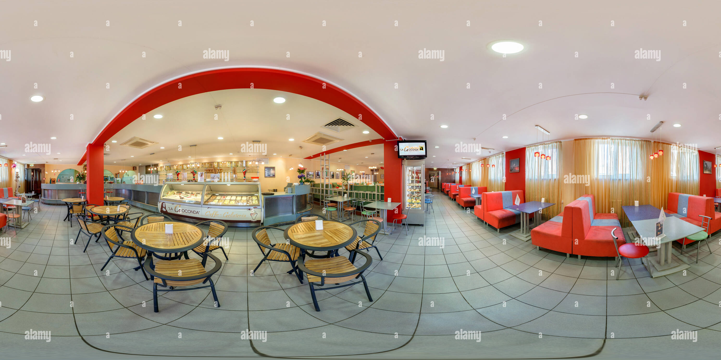 360 degree panoramic view of GOMEL, BELARUS - MAY 26, 2012: Full 360 panorama in equirectangular spherical equidistant projection in interier children's cafe with sweets and ice c