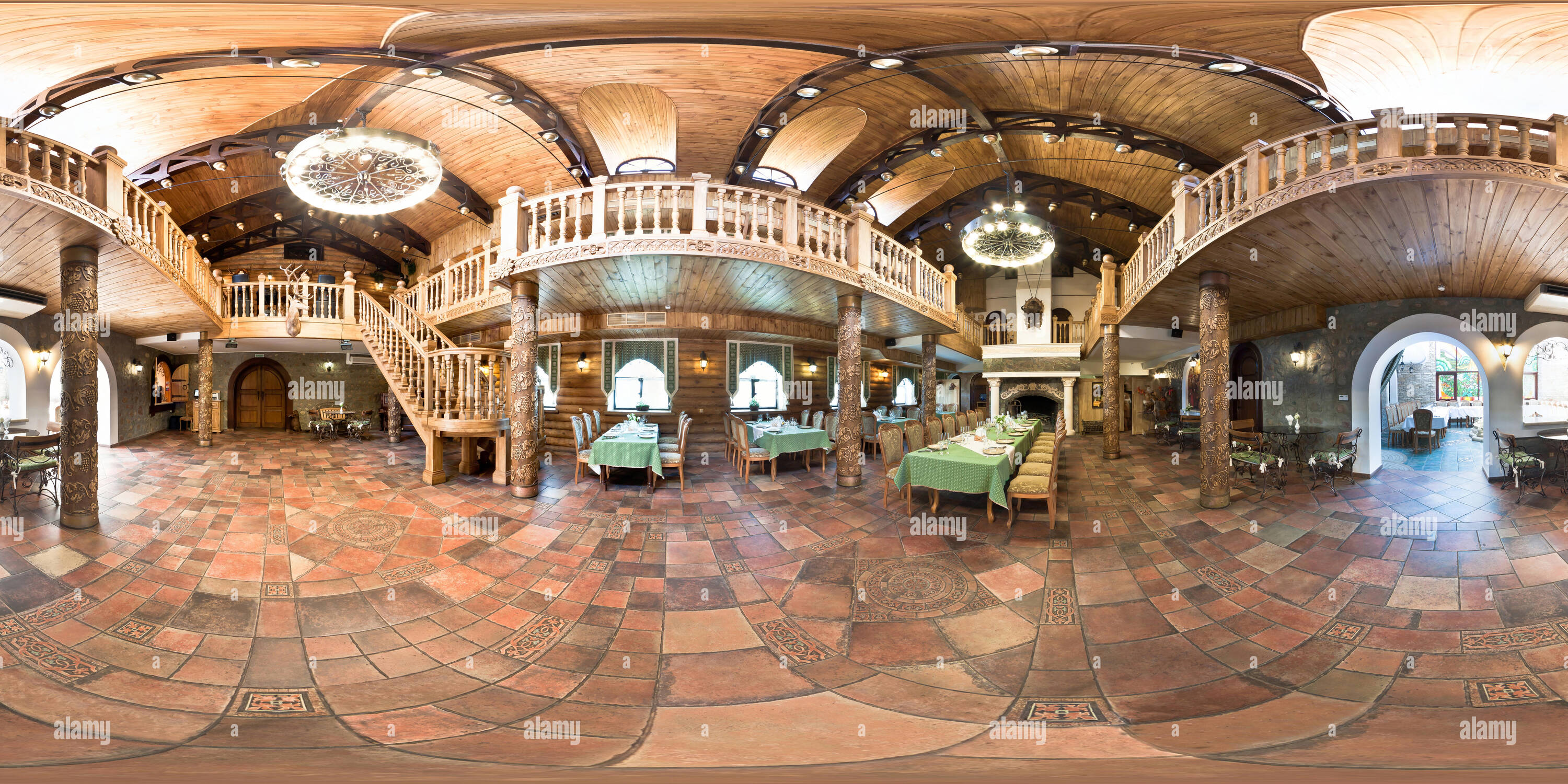 360 degree panoramic view of GRODNO, BELARUS - SEPTEMBER 18, 2010: Full 360 panorama in equirectangular spherical equidistant projection in interier banquet hall of an ancient cas