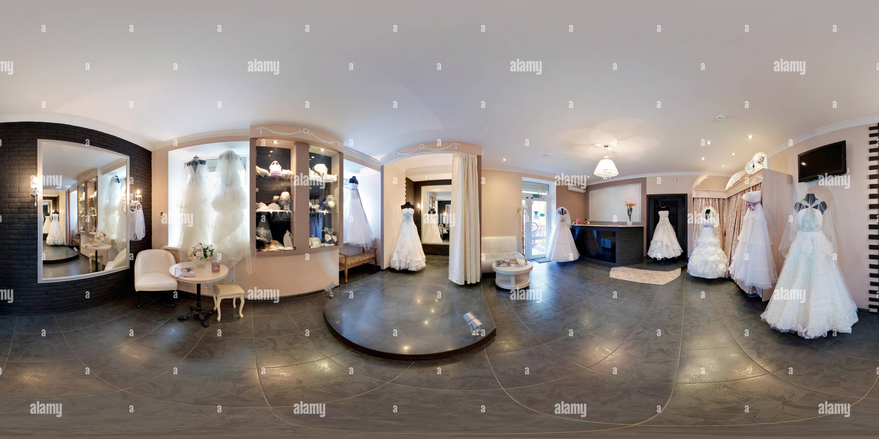 360 degree panoramic view of GOMEL , BELARUS - FEBRUARY 14, 2012: Inside of the interior of luxury wedding saloon. Full 360 degree panorama in equirectangular spherical equidistan