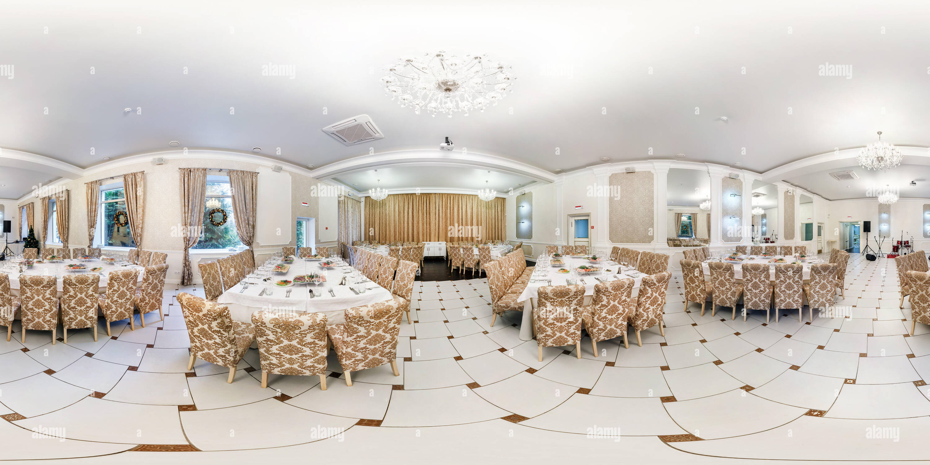 360 degree panoramic view of MINSK, BELARUS - OCTOBER 25, 2014: full 360 degree panorama in equirectangular spherical equidistant projection in stylish cafe in white color, VR con