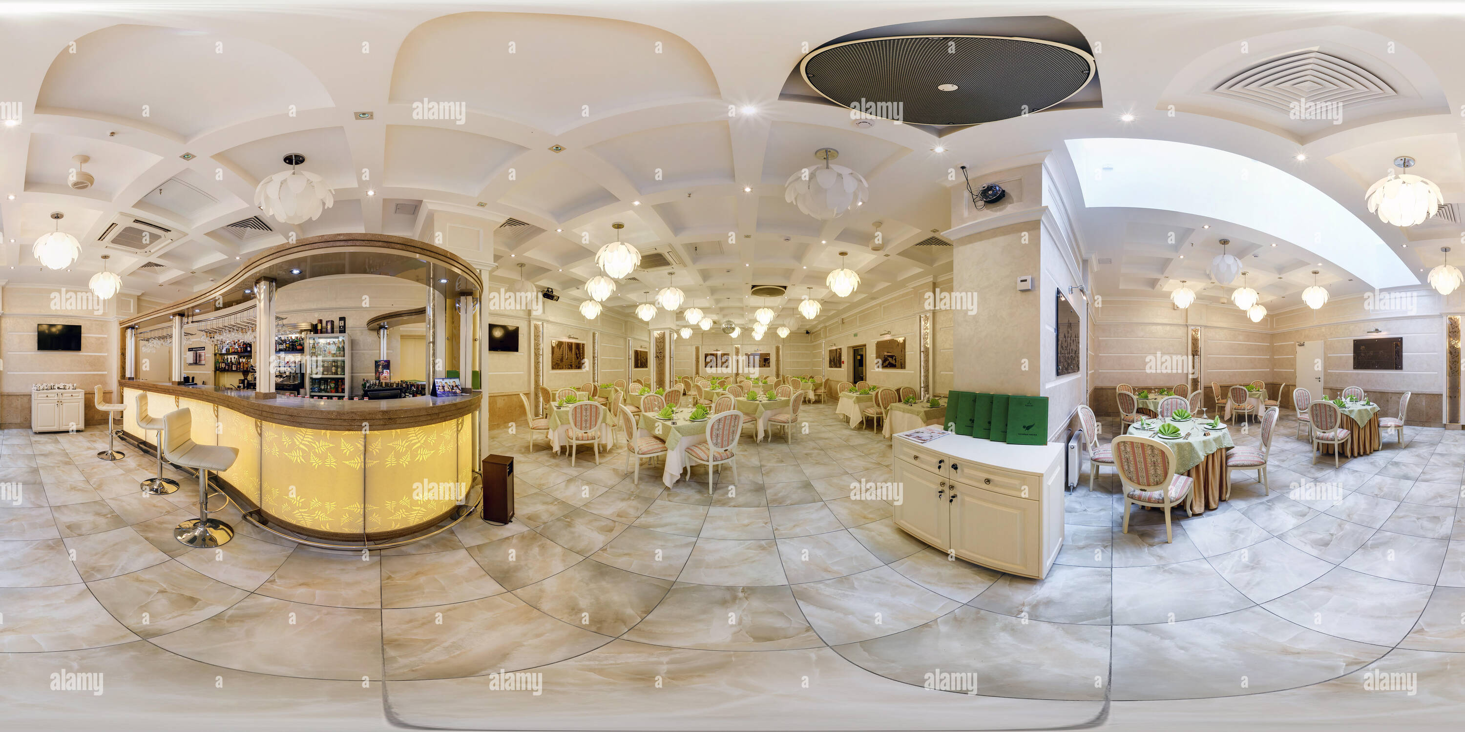360 degree panoramic view of MINSK, BELARUS - APRIL 7, 2013: Full 360 degree panorama in equirectangular spherical projection of stylish cafe in white color