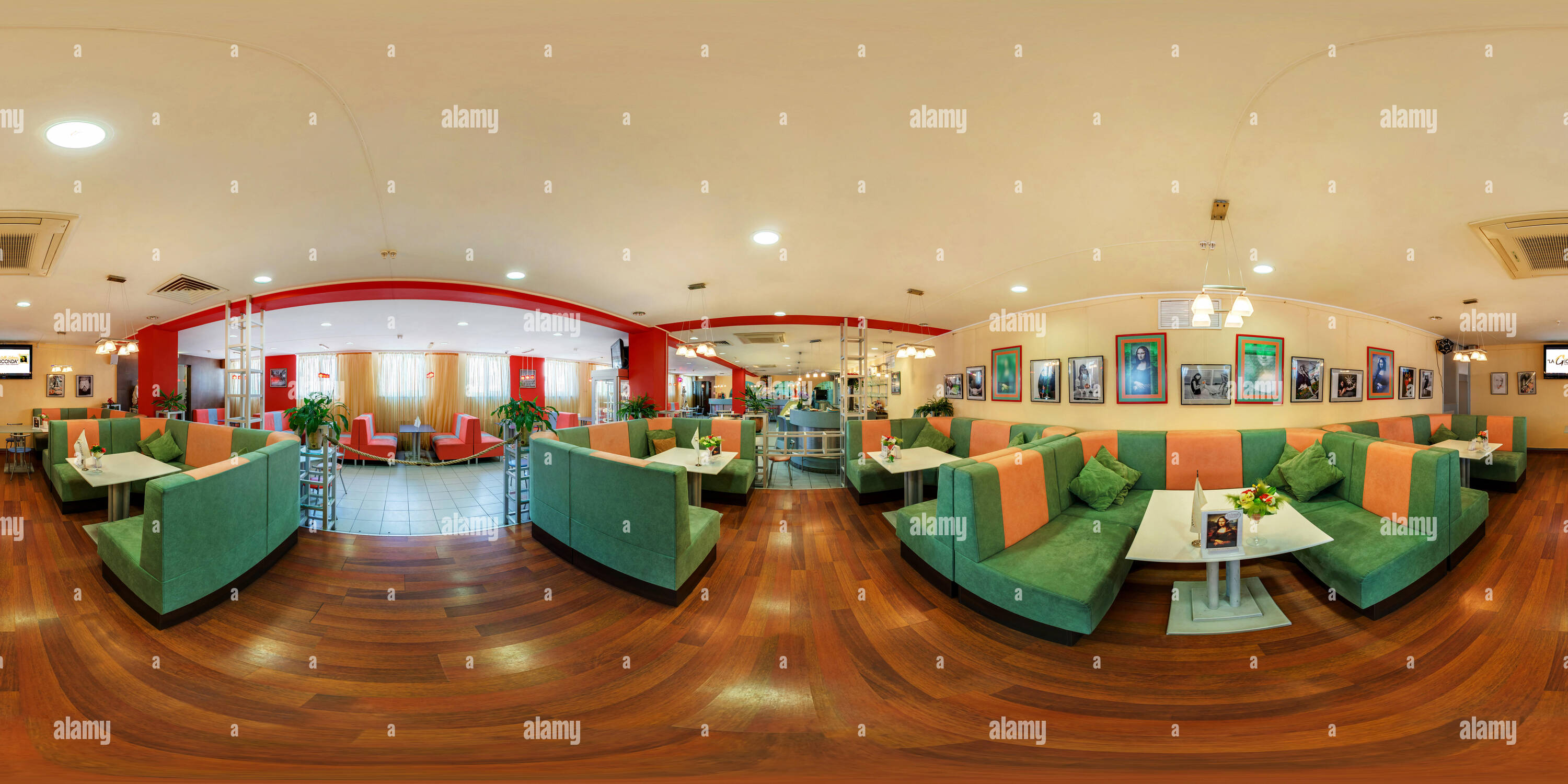 360 degree panoramic view of GOMEL, BELARUS - MAY 26, 2012: Full 360 panorama in equirectangular spherical equidistant projection in interier children's cafe with sweets and ice c