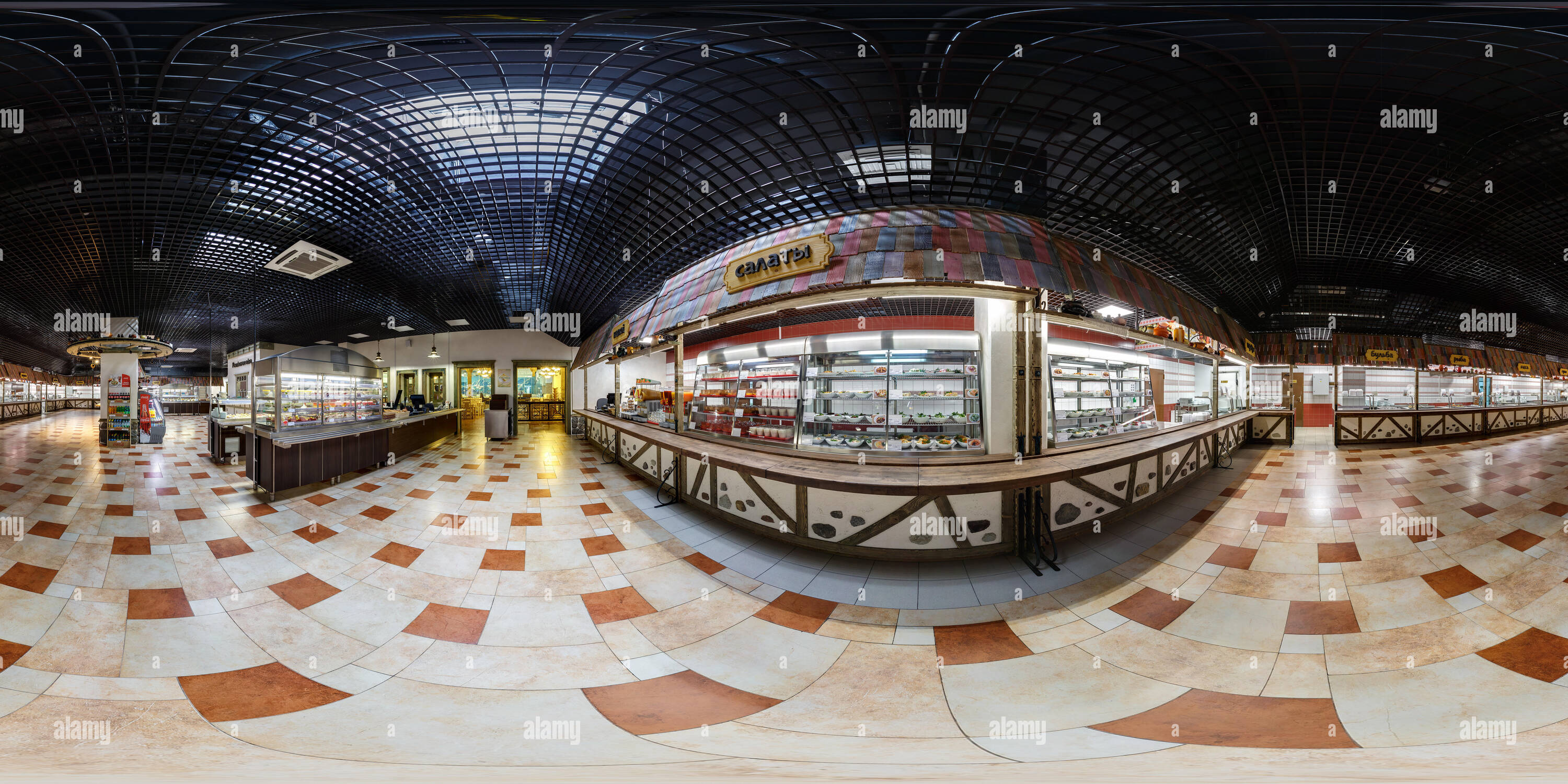 360 degree panoramic view of MINSK, BELARUS - MARCH 4, 2015: Full 360 panorama in equirectangular spherical projection of  buffet canteen in modern trade center. Photorealistic VR