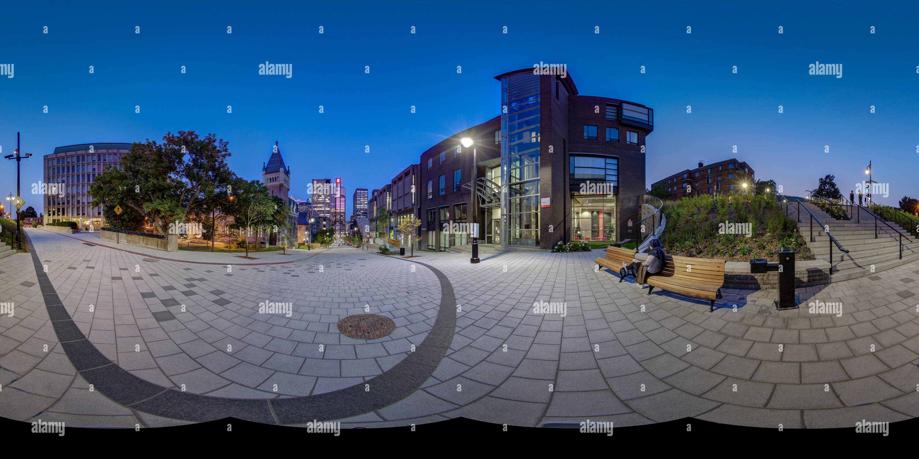360 degree panoramic view of Promenade Sir-William-Osler downtown campus in the heart of Montreal. Upper section of rue Drummond.