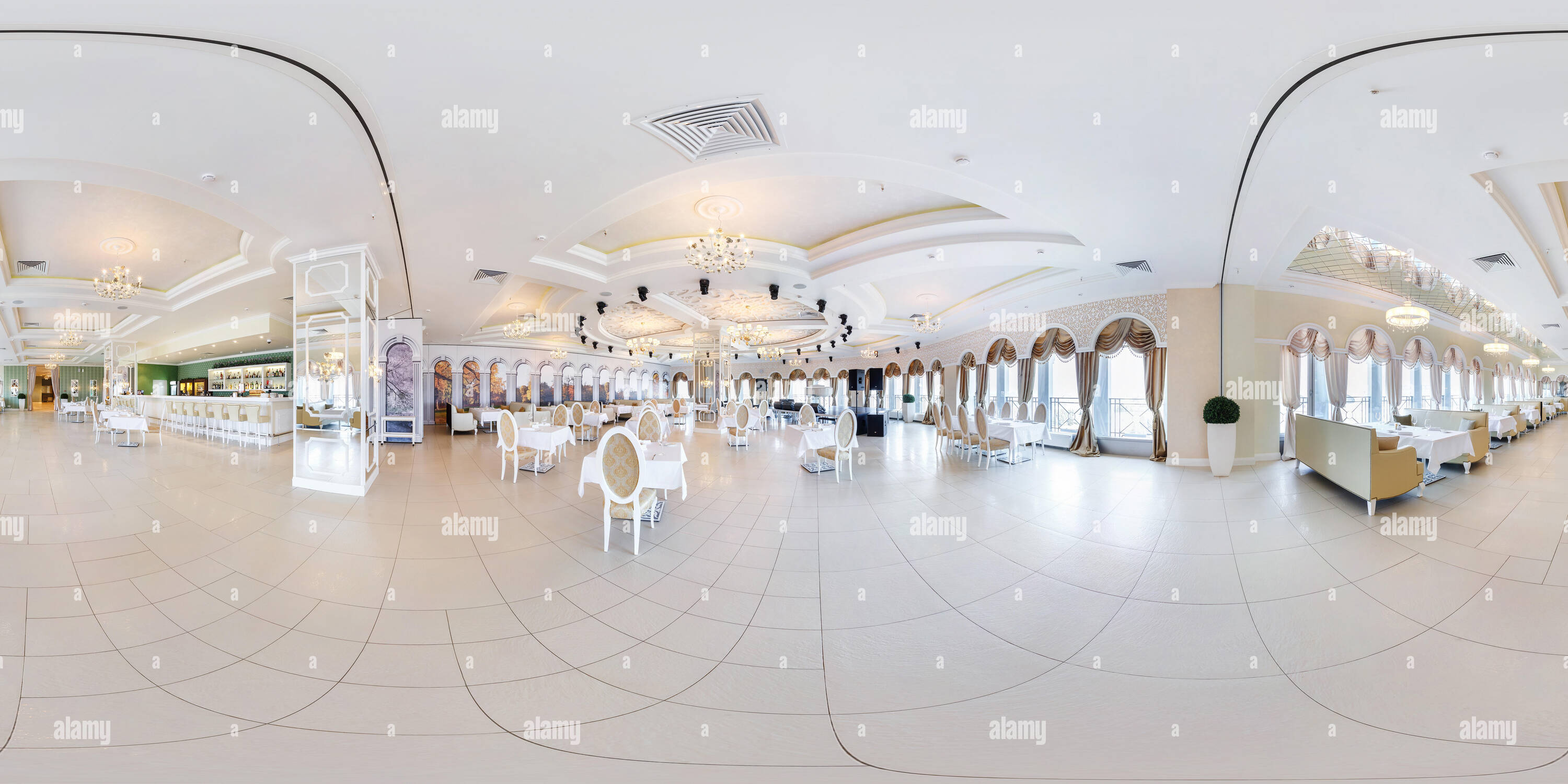 360 degree panoramic view of MINSK, BELARUS - NOVEMBER 14, 2014: Full 360 degree panorama in equirectangular spherical projection in interior stylish restaurant Belvedere