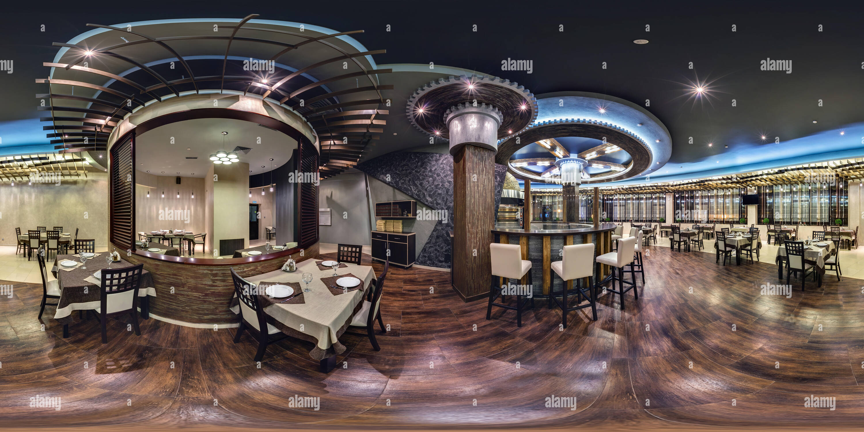 360 degree panoramic view of GRODNO, BELARUS - AUGUST 23, 2013: Full 360 degree panorama in equirectangular equidistant spherical projection in interier stylish vintage restaurant
