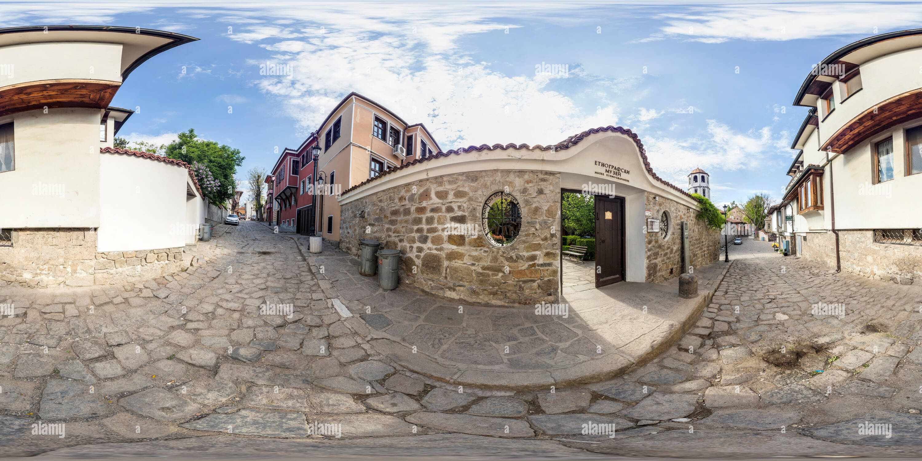 360 degree panoramic view of PLOVDIV, BULGARIA - MAY 14, 2017 - 380 by 180 degrees spherical panorama of the Ethnographic Museum in the old town of Plovdiv, Bulgaria. 19th-century