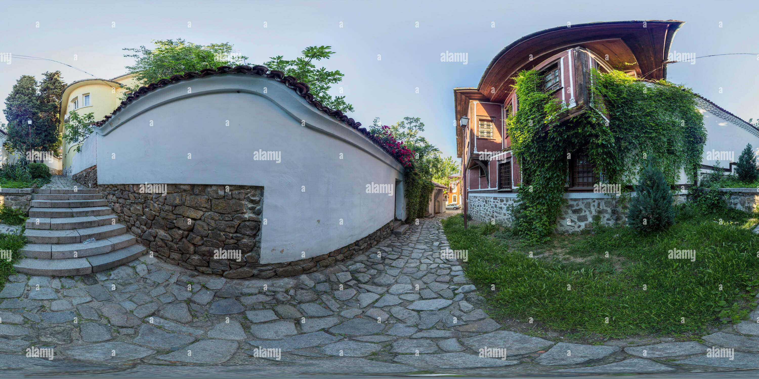 360 degree panoramic view of 380 by 180 degrees spherical panorama of Balabanov's house in the old town of Plovdiv, Bulgaria.