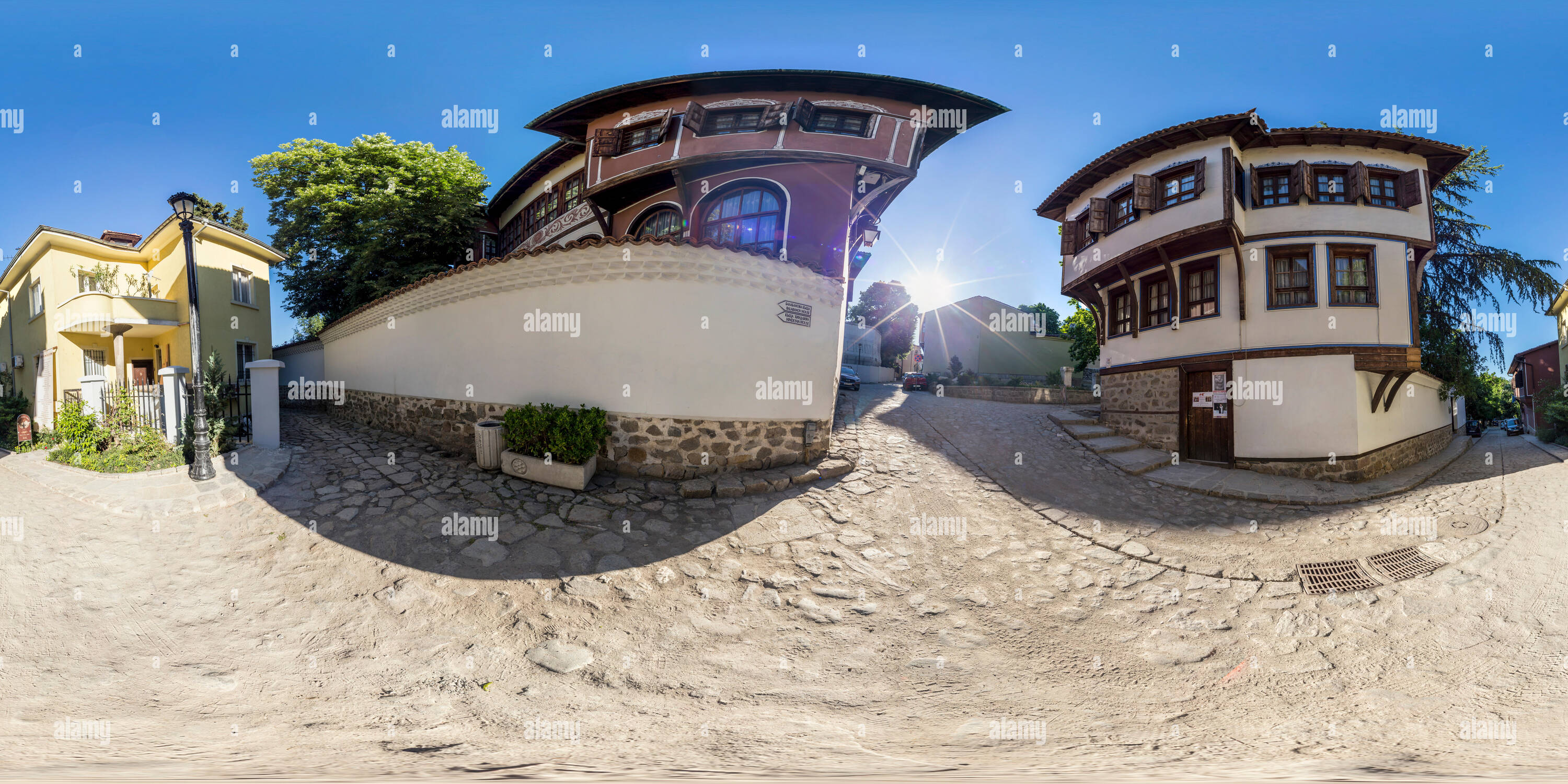 360 degree panoramic view of 380 by 180 degrees spherical panorama of Balabanov's house in the old town of Plovdiv, Bulgaria.