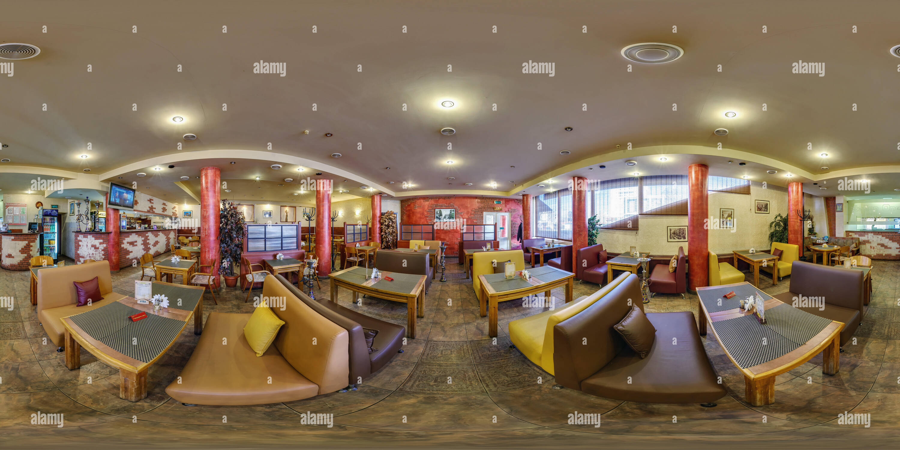 360 degree panoramic view of GOMEL, BELARUS - APRIL 27, 2012: full 360 degree seamless panorama in equirectangular spherical equidistant projection in stylish arabic cafe, VR cont