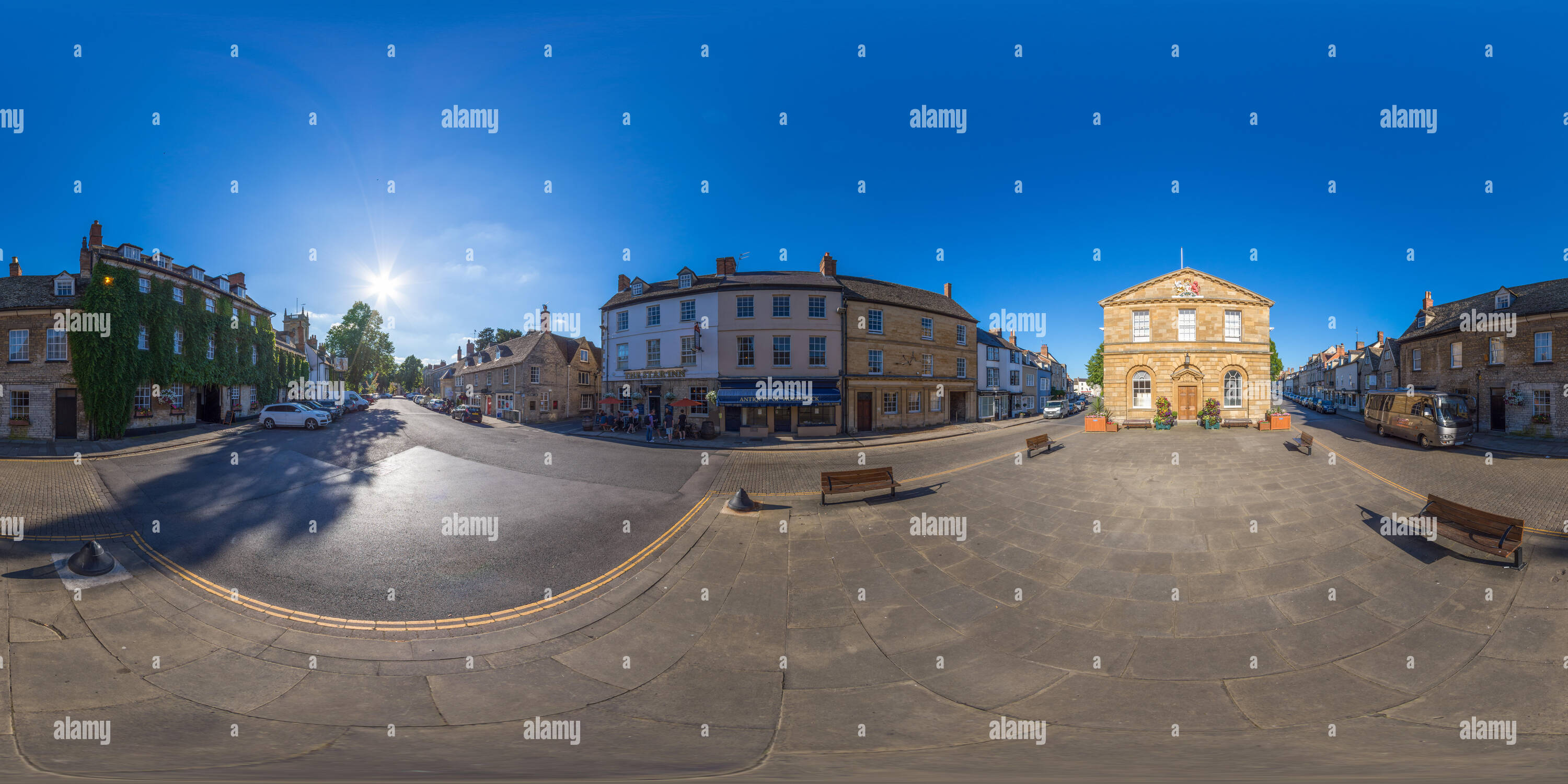 360 degree panoramic view of Woodstock town hall, Oxfordshire, UK