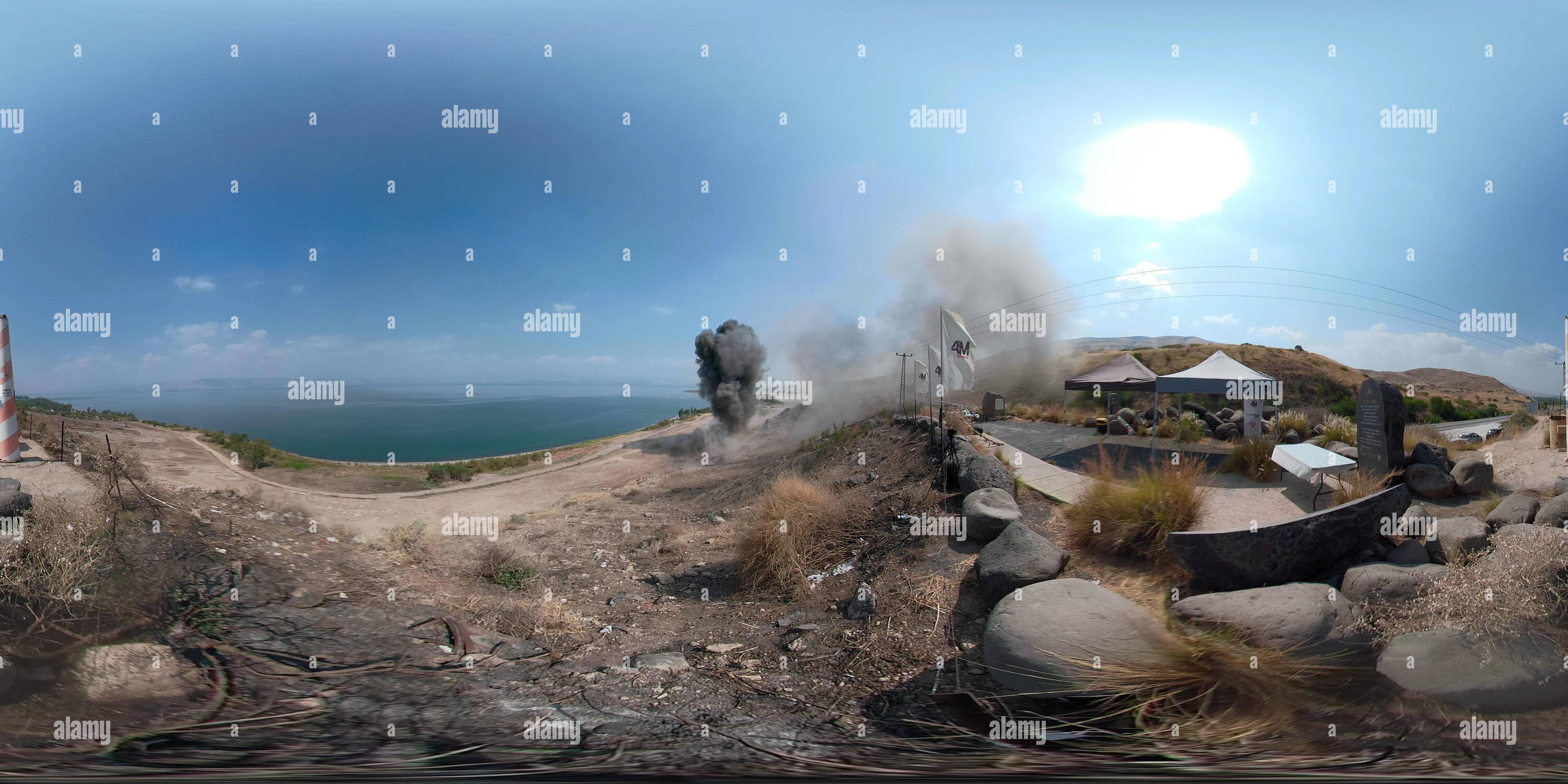 360 degree panoramic view of Enginers of 4M defense clear mines from old Syrian minefield by using explosives on Gofra beach in the sea of Galilee, Israel, 1st explosion. 360 phot