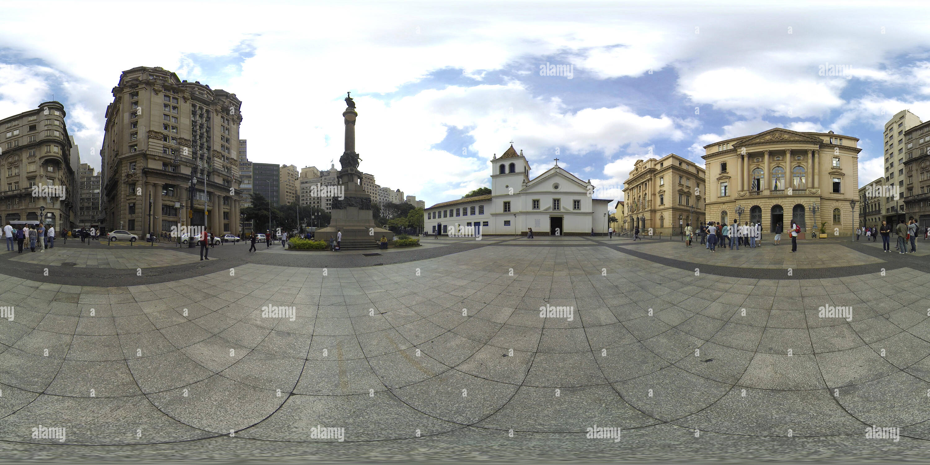 360 degree panoramic view of People visit Patio do Colegio or School Yard. This is historical Jesuit church and school in the city of Sao Paulo. 360 photo vr panorama