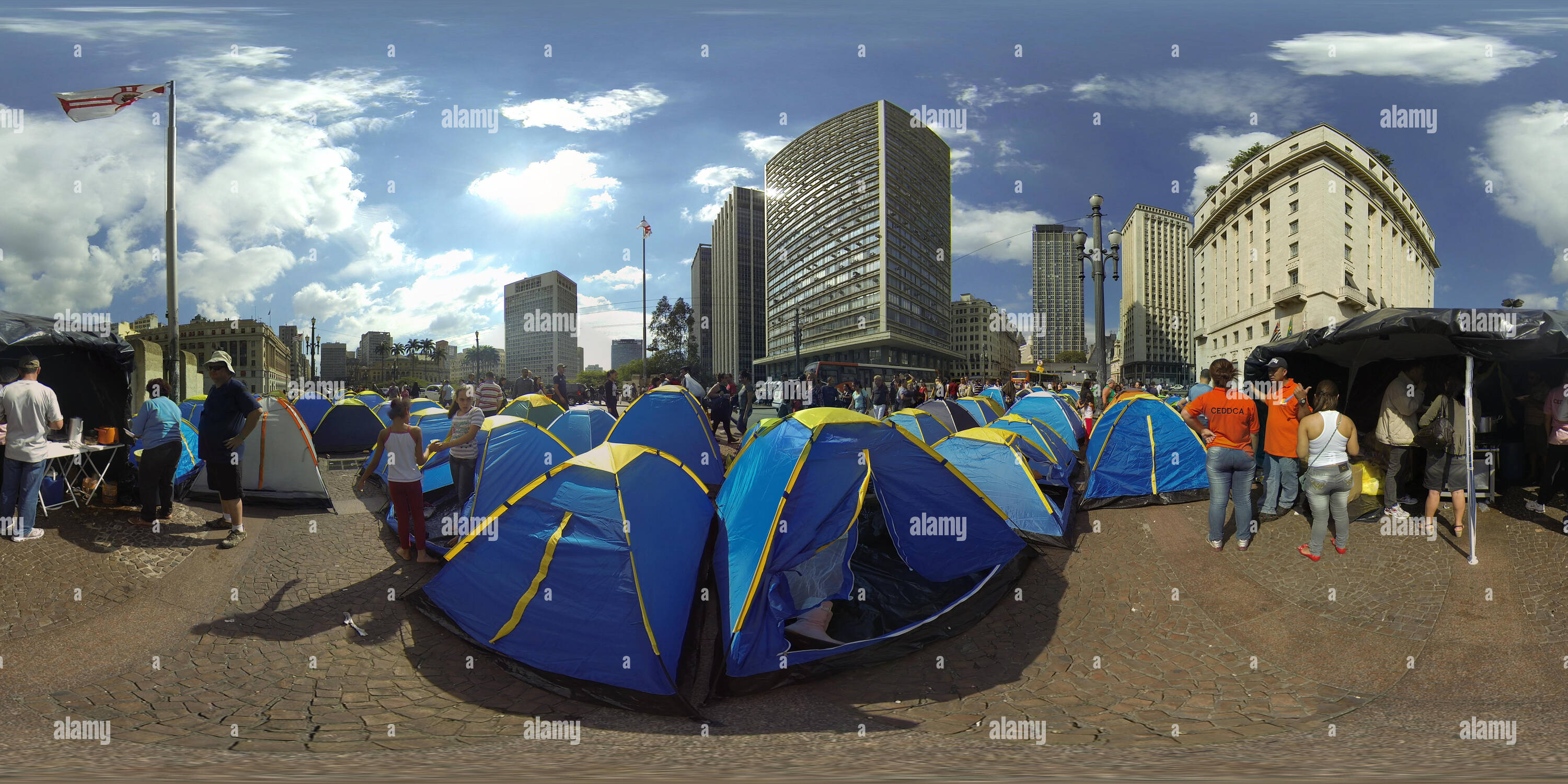 360 degree panoramic view of SAO PAULO, BRAZIL: People protest on Tea Viaduct, Viaduto do Cha, by living in tents, against corruption, poverty, inflation, cost of living, poor hea