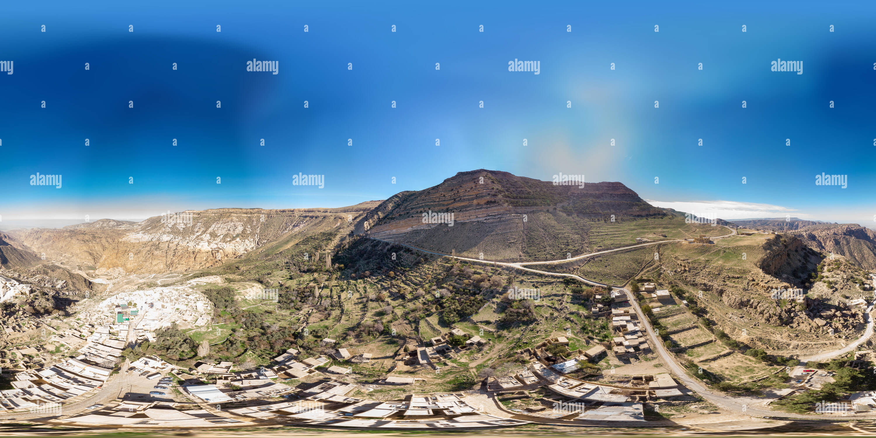 360 View Of Spherical 360 Degree Panorama From The Edge Of The Village Dana At Dana Nature Reserve Jordan Taken With The Drone From The Air Alamy