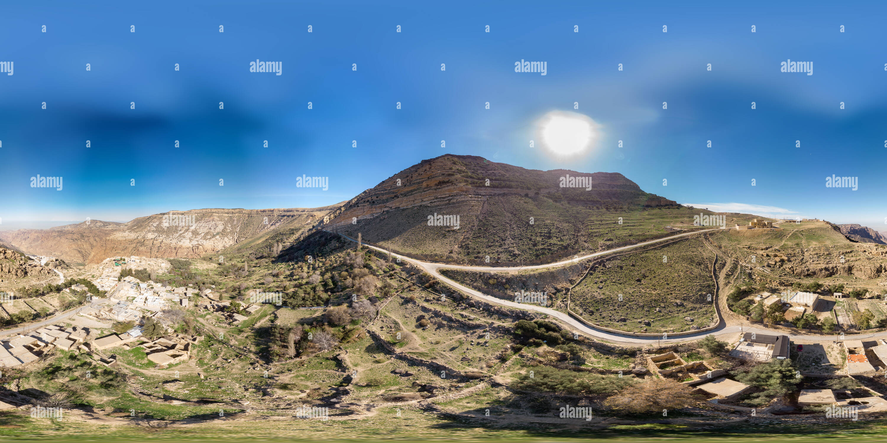 360 View Of Spherical 360 Degree Panorama From The Edge Of The Village Dana At Dana Nature Reserve Jordan Taken With The Drone From The Air Alamy