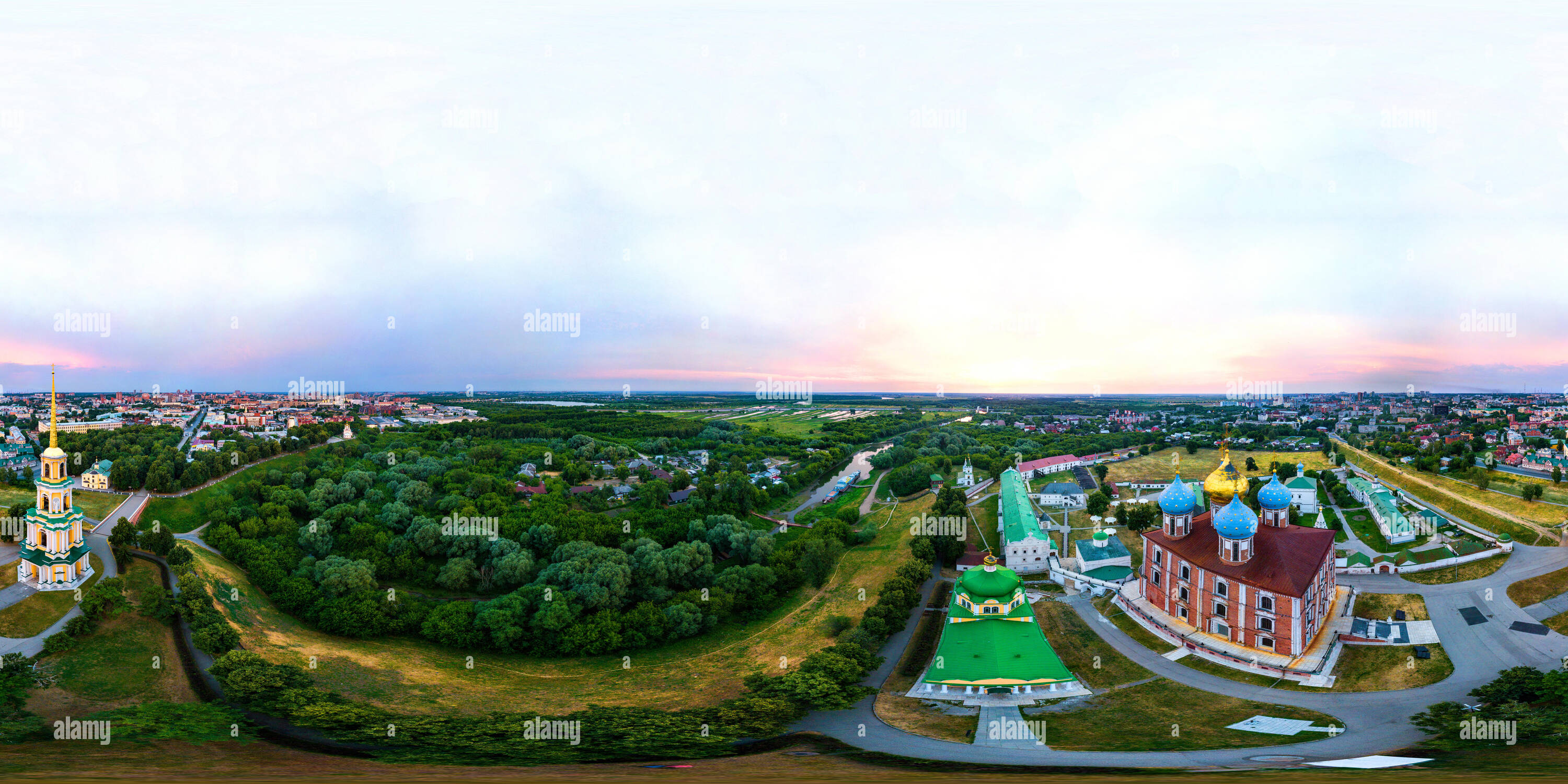 360 degree panoramic view of Ryazan, Russia. Aerial view of Bell tower and Cathedral of Ryazan Kremlin in the evening, Russia. View over the popular touristic town in Russia at su