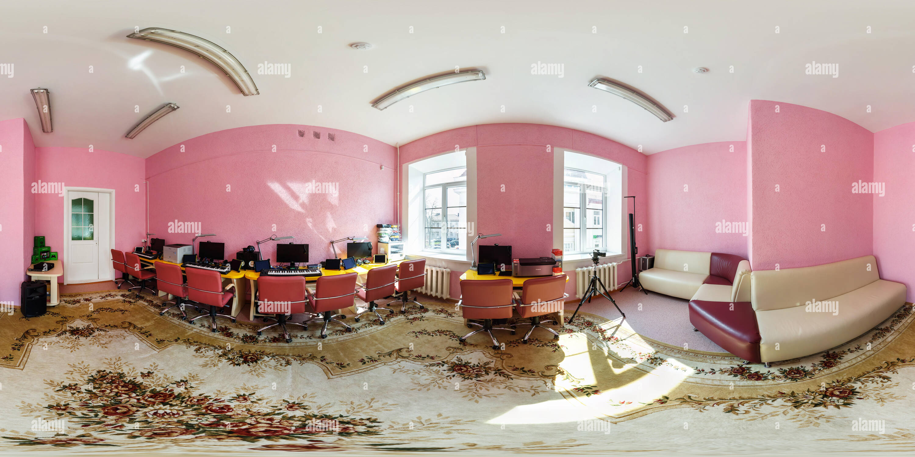 360 degree panoramic view of GRODNO, BELARUS - MAY 2, 2016: Panorama computer class in children development school. Full spherical 360 by 180 degrees seamless panorama in equirect