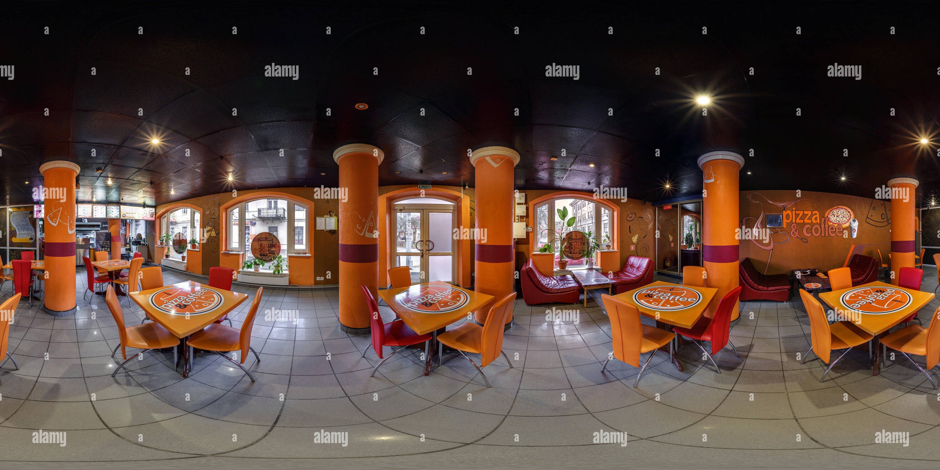 360 degree panoramic view of GRODNO, BELARUS - MARCH 15, 2016: Panorama in interior modern youth fast food cafe. Full spherical 360 by 180 degrees seamless panorama in equirectang