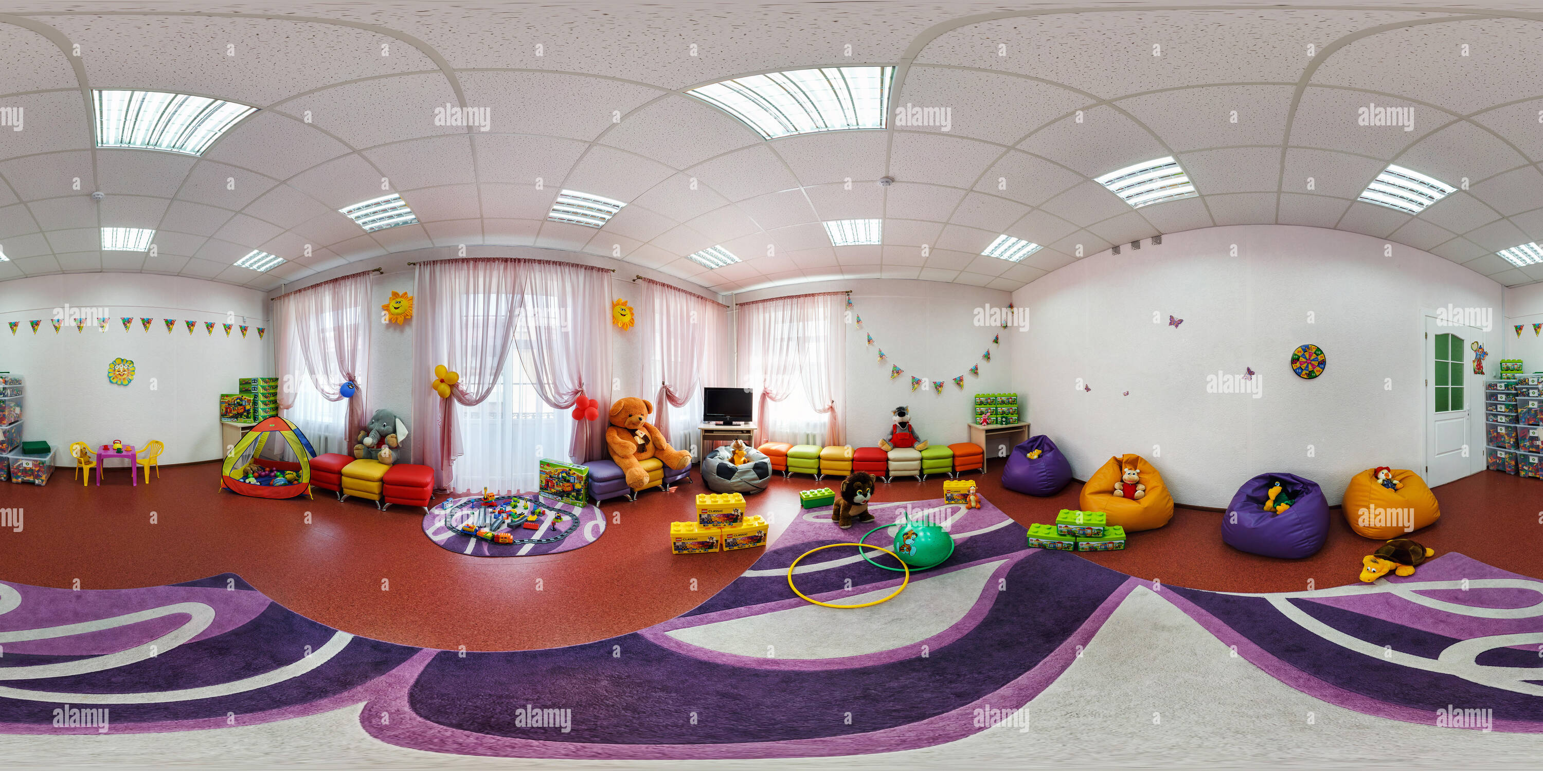 360 degree panoramic view of GRODNO, BELARUS - MAY 2, 2016: Panorama interior playroom in the center of children development. Full spherical 360 by 180 degrees seamless panorama i