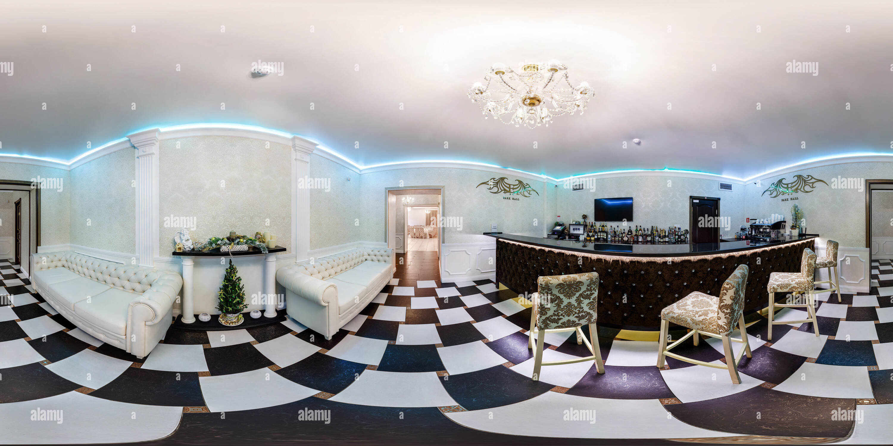 360 degree panoramic view of MINSK, BELARUS - DECEMBER 25, 2014: Full 360 by 180 seamless panorama in equirectangular spherical equidistant projection in interior stylish cafe. Ph