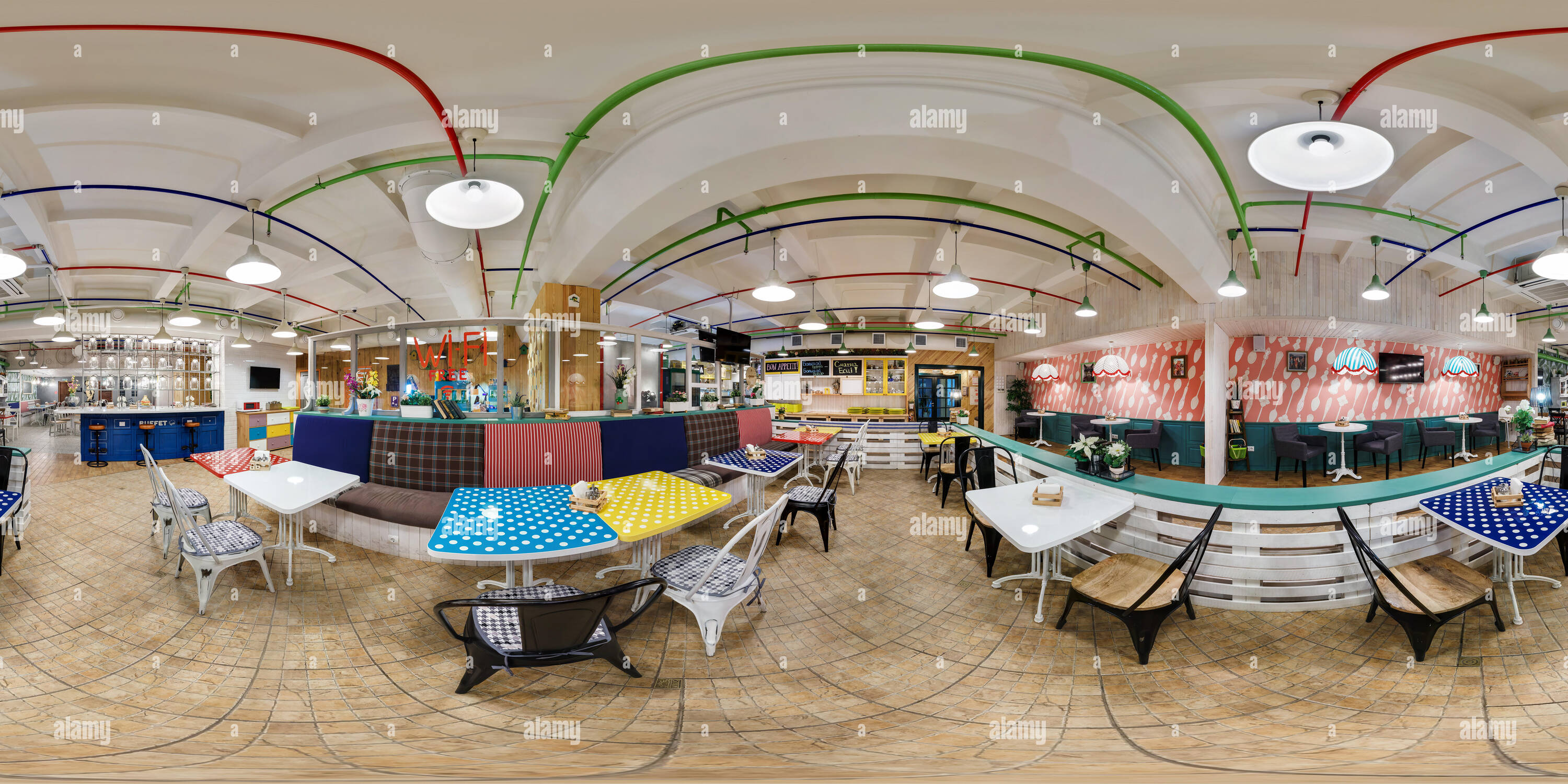 360 degree panoramic view of GRODNO, BELARUS - JANUARY 26, 2016: Panorama in interior stylish modern fast food cafe. Full spherical 360 by 180 degrees seamless panorama in equirec