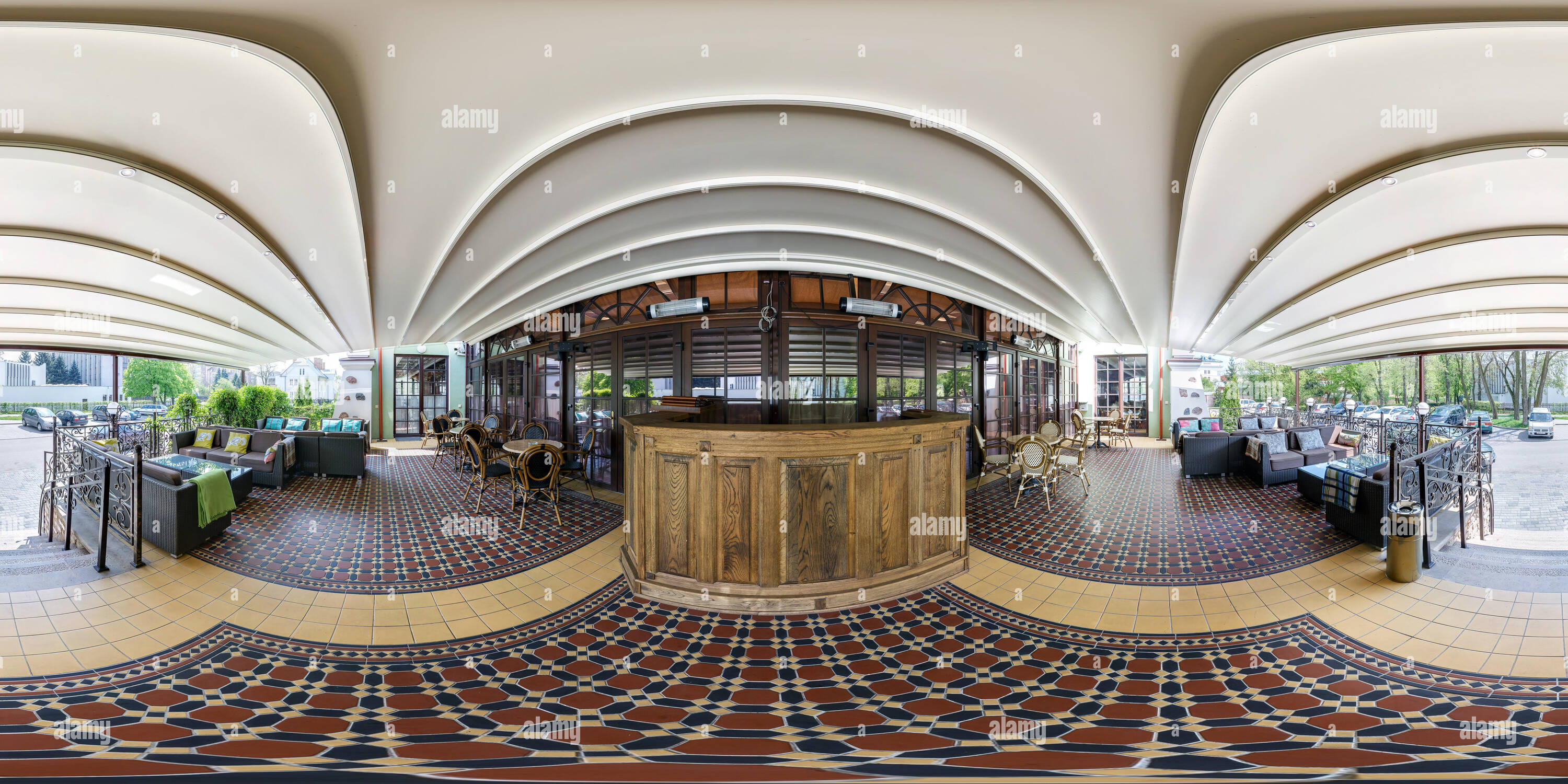 360 degree panoramic view of BREST, BELARUS - APRIL 24, 2014: Panorama of interior terrace near hotel  restaurant. Full spherical 360 by 180 degrees seamless panorama in equirecta