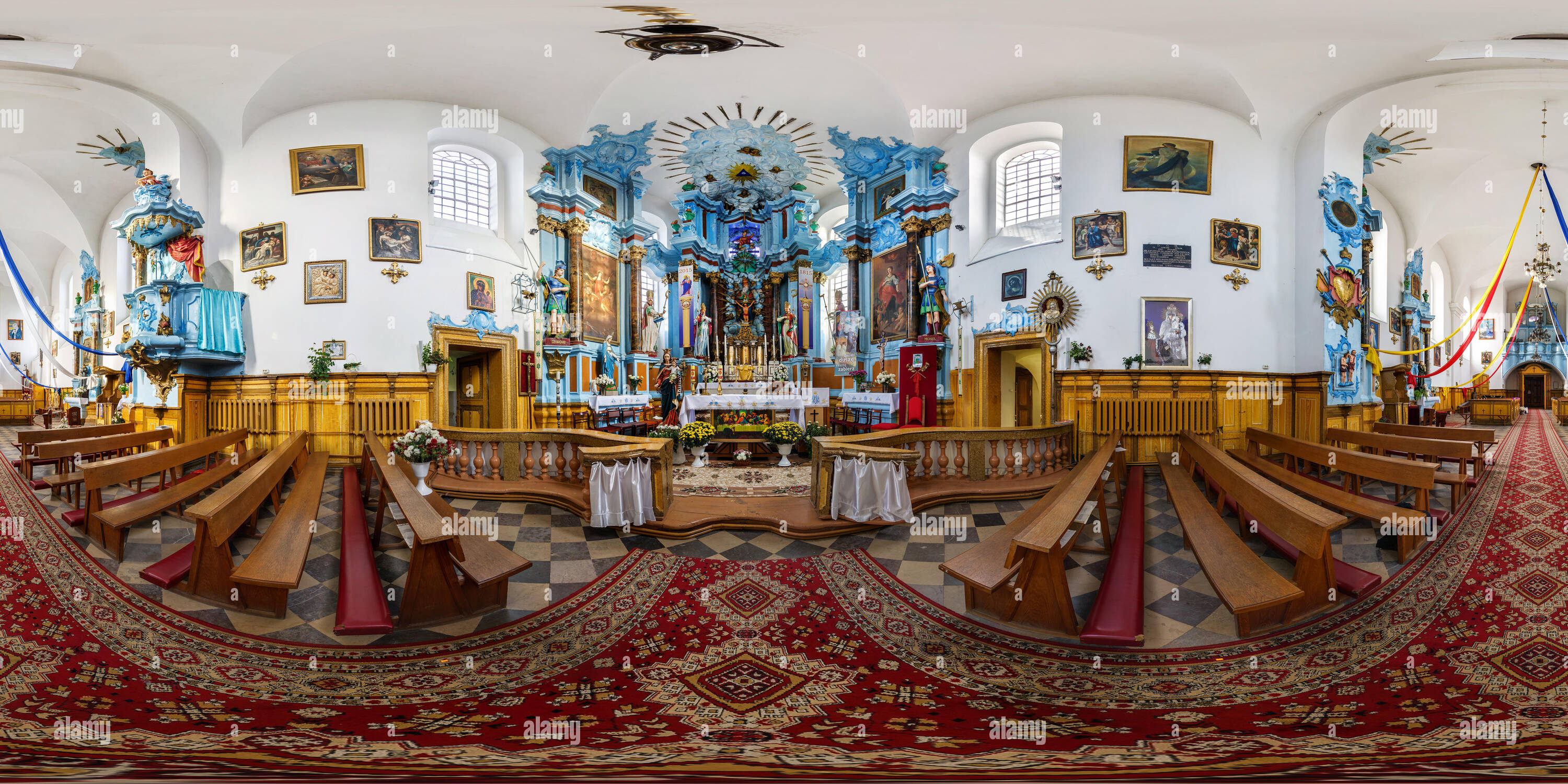 360 degree panoramic view of DIATLOVO, BELARUS - NOVEMBER 1, 2015: Panorama interior beautiful catholic church . Full spherical 360 by 180 degrees seamless panorama in equirectang