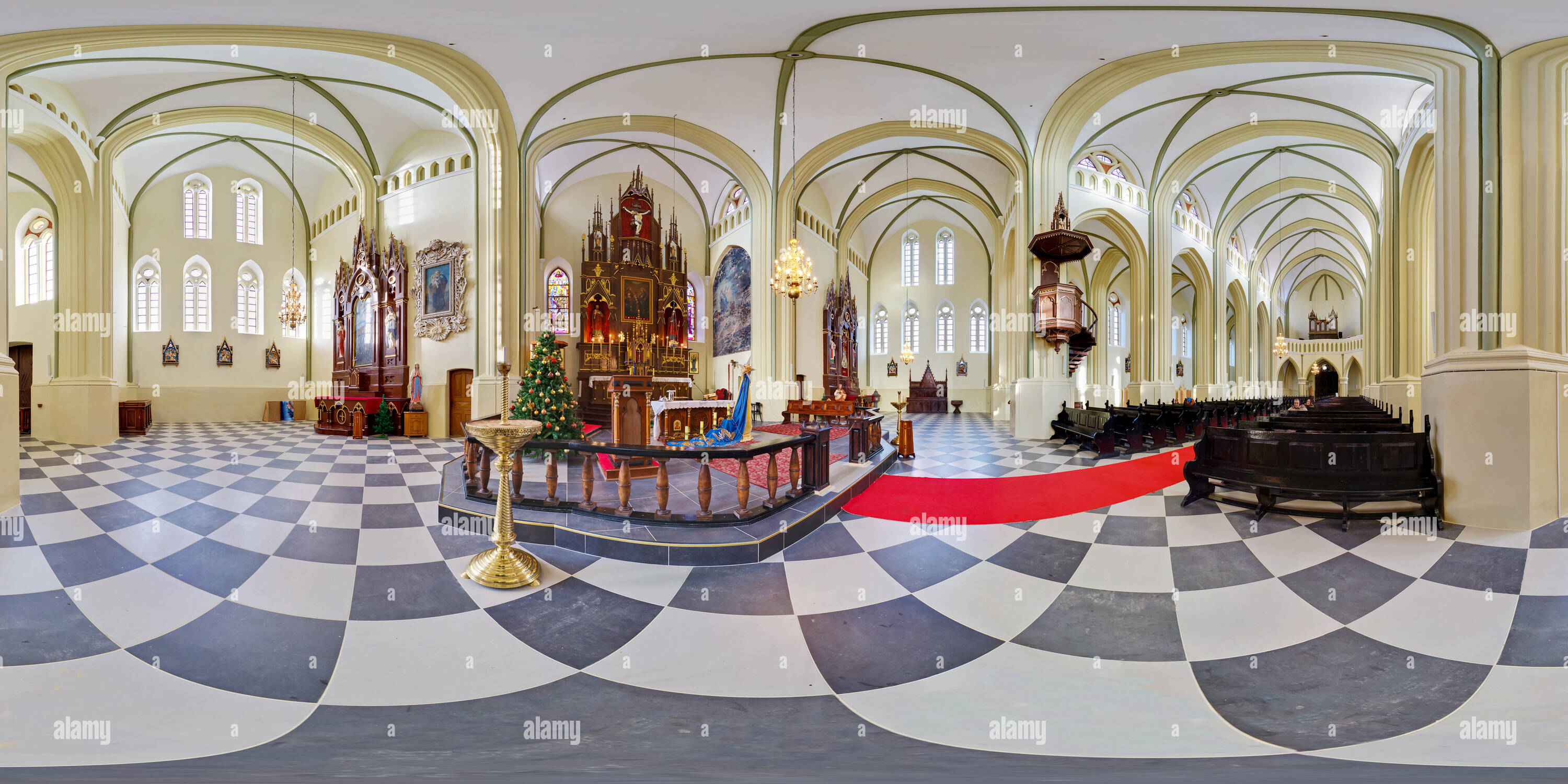 360 degree panoramic view of GIARVYATY, BELARUS - DECEMBER 19, 2011: Panorama interior beautiful catholic church . Full spherical 360 by 180 degrees seamless panorama in equirecta