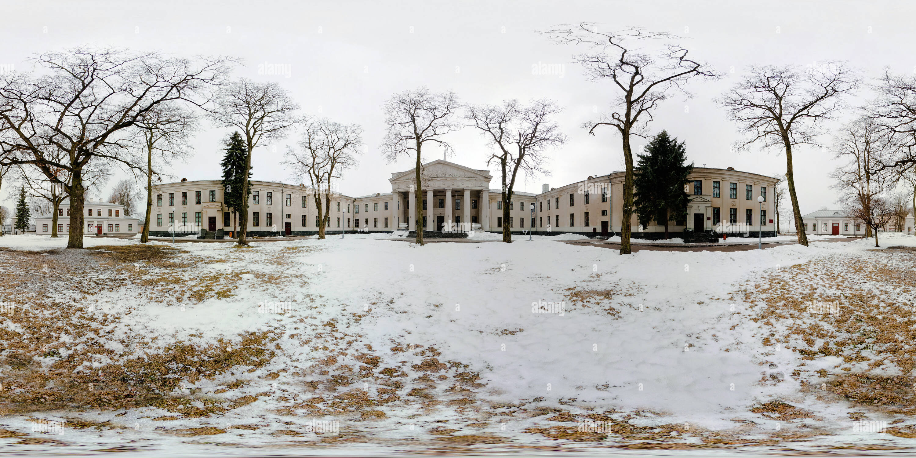 360 degree panoramic view of Winter panorama near ancient medival castle . Full spherical 360 by 180 degrees seamless panorama in equirectangular projection. Skybox for Virtual re