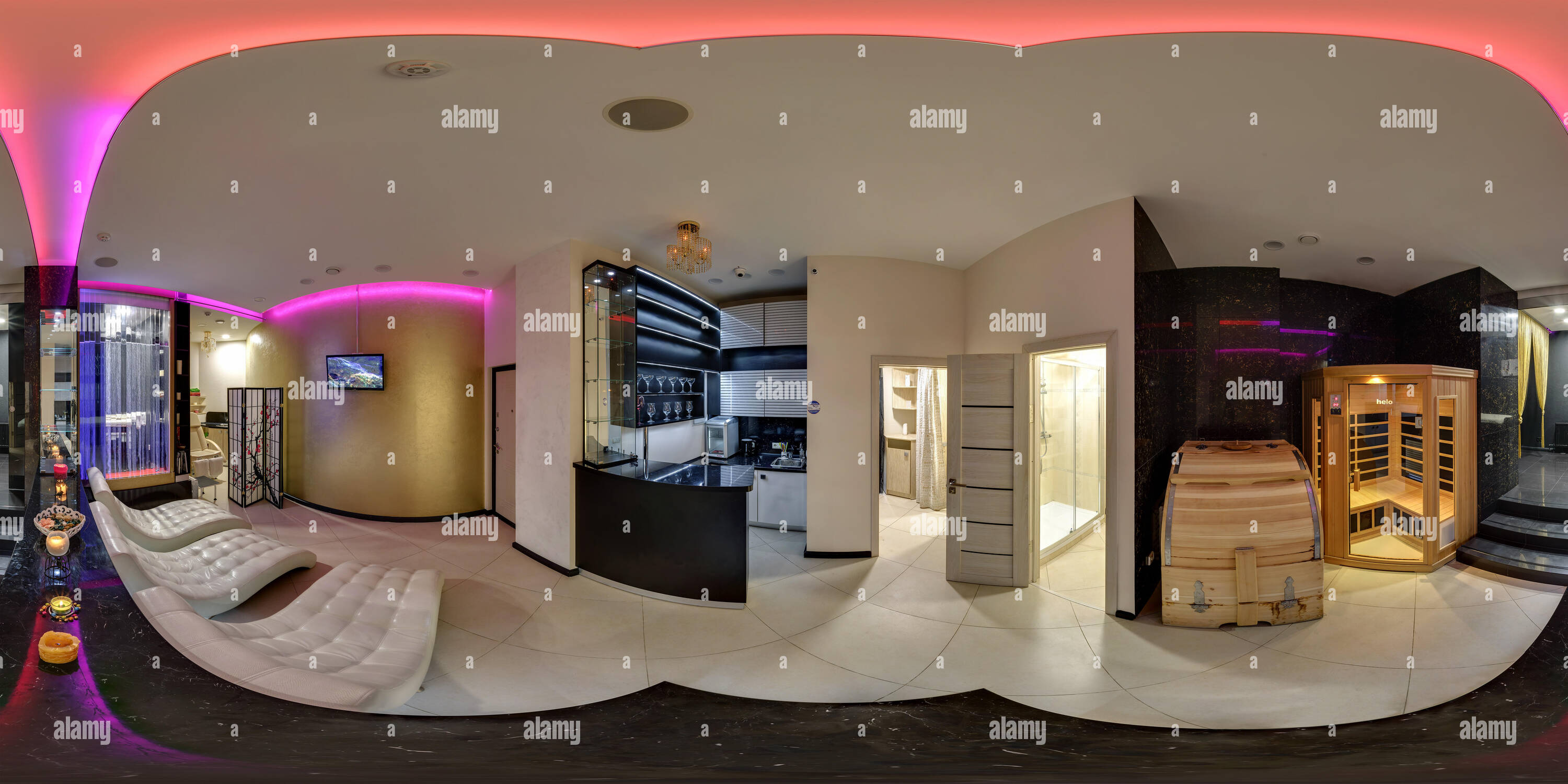 360 degree panoramic view of MINSK, BELARUS - APRIL 20, 2016: Panorama interior of modern spa beauty saloon.  Full spherical 360 by 180 degrees seamless panorama in equirectangula