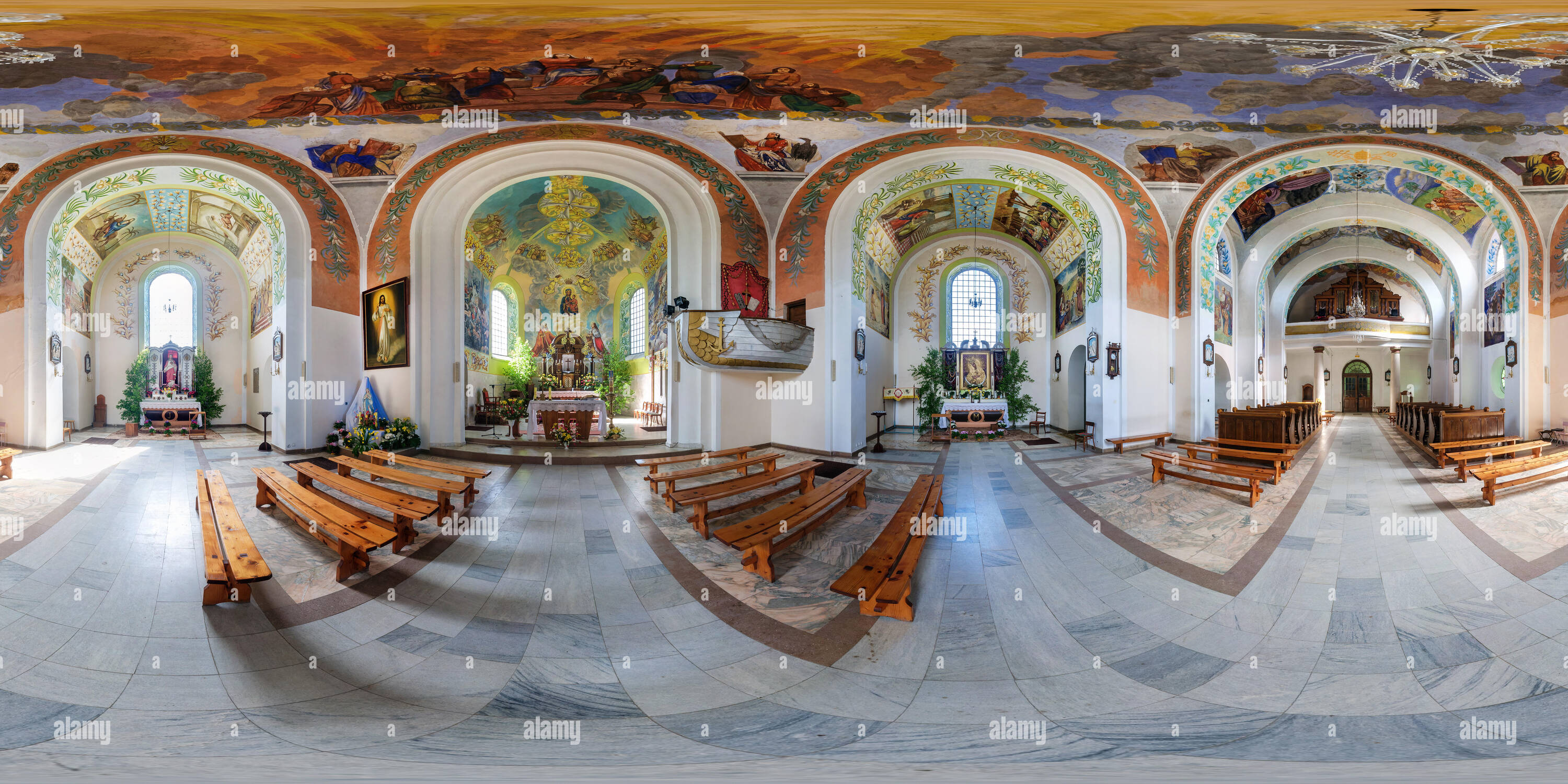 360 degree panoramic view of SOLY, BELARUS - MAY 24, 2015: Panorama interior beautiful catholic church . Full spherical 360 by 180 degrees seamless panorama in equirectangular pro