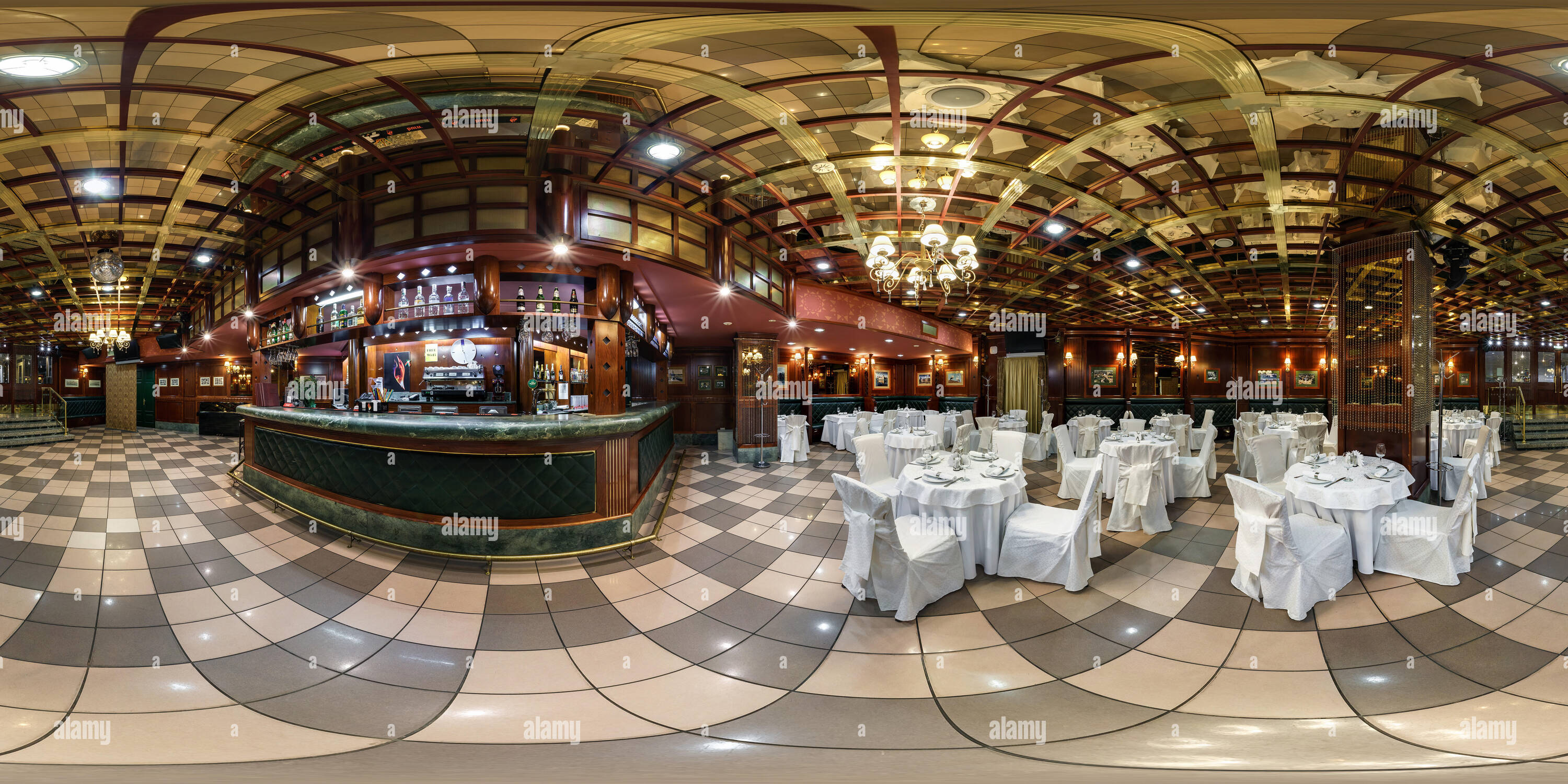 360 degree panoramic view of MINSK, BELARUS - AUGUST 4, 2016: Panorama in interior modern cafe night club. Full 360 by 180 degree seamless equirectangular equidistant spherical pa