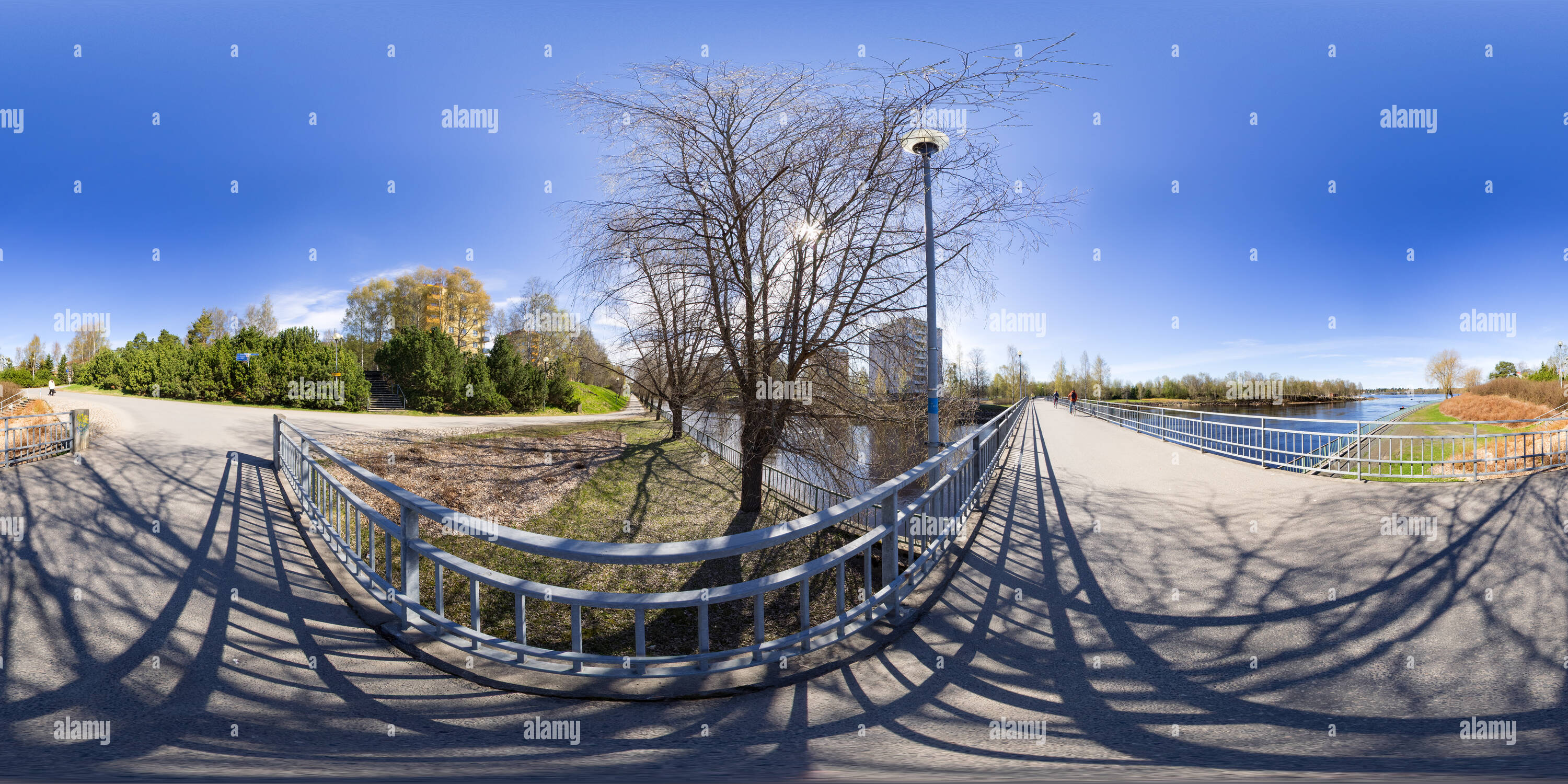 360 degree panoramic view of Pedestrian bridge across a channel in Tuira, Oulu, Finland