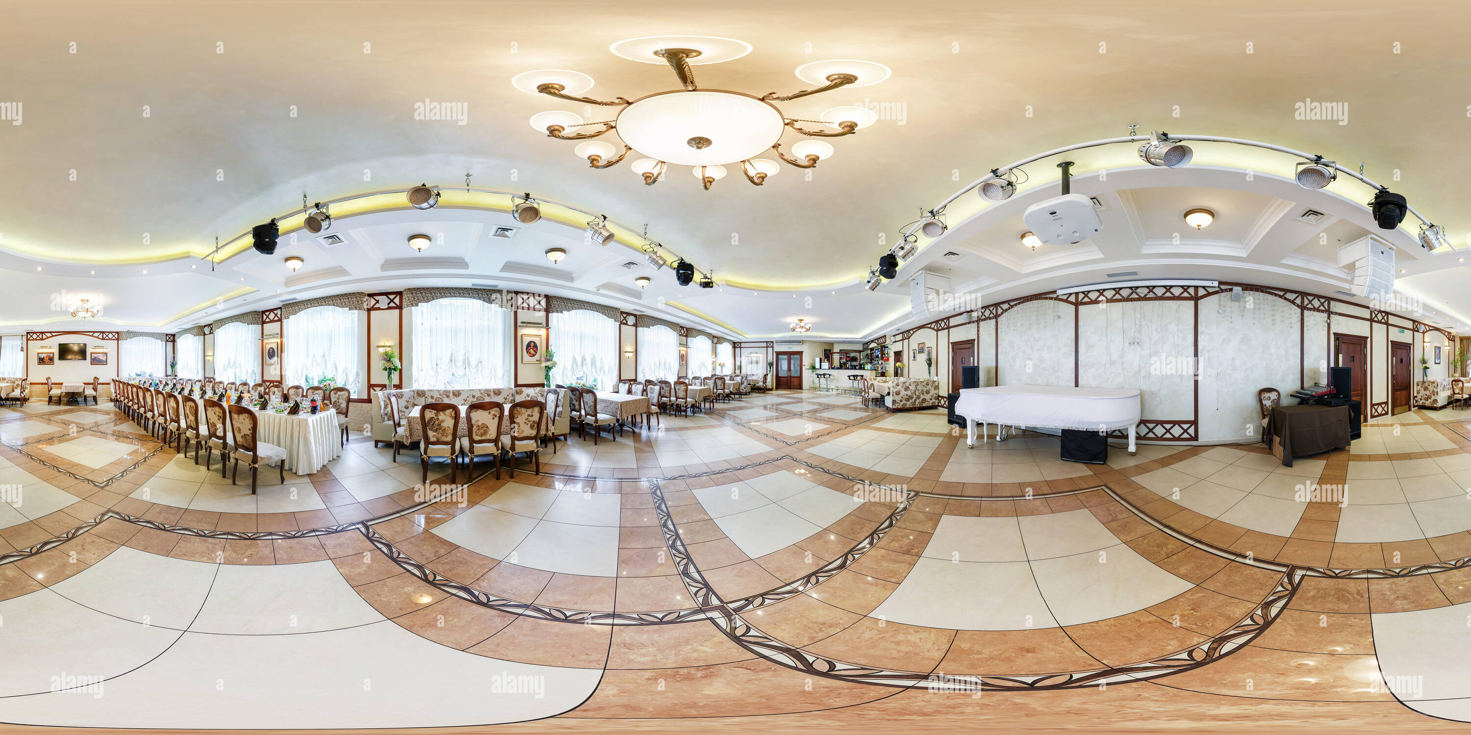 360 degree panoramic view of MINSK, BELARUS - JULY 15, 2014: Modern interior of gourmet restaurant with light style with white grand piano,  full 360 by 180 degree seamless panora