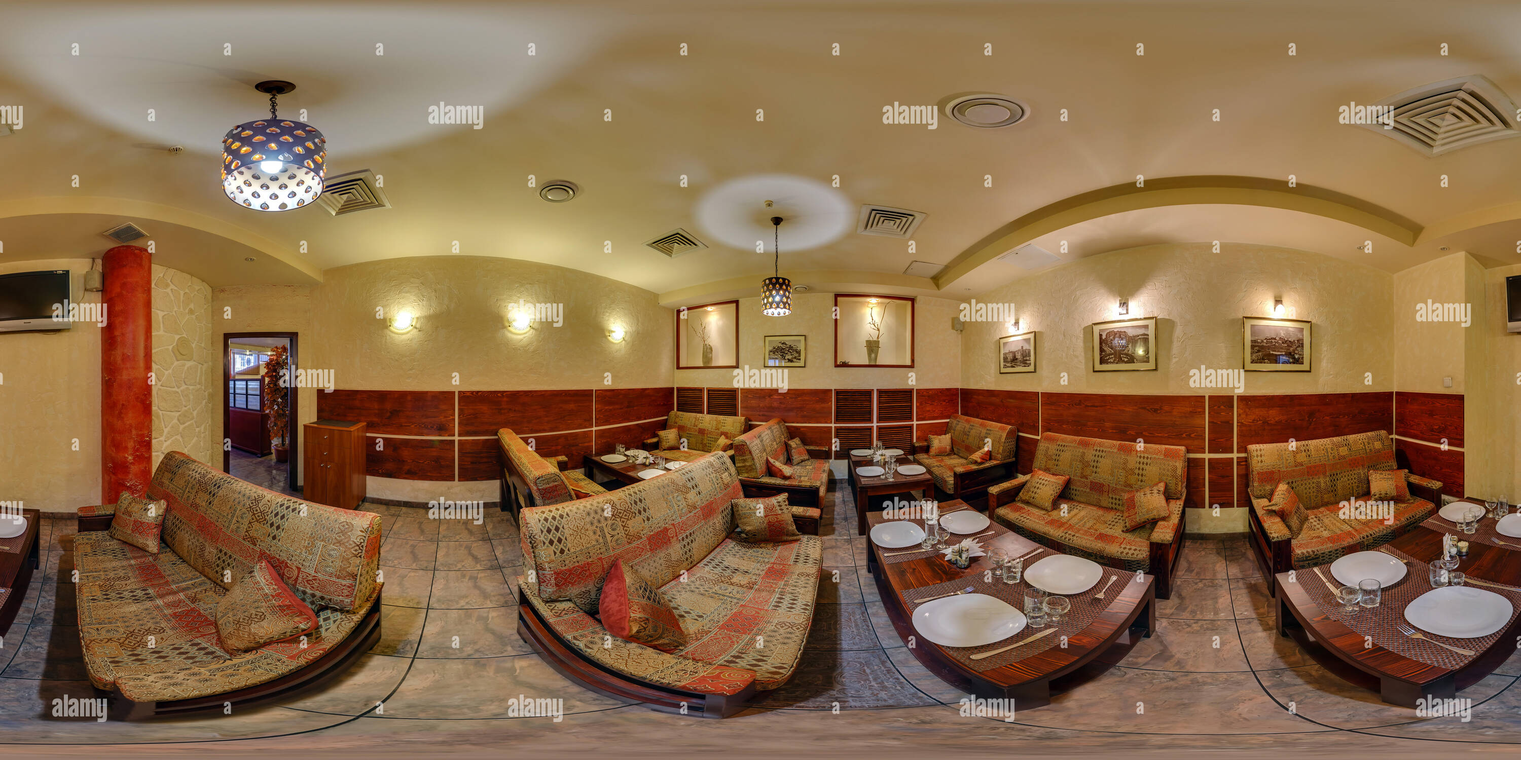 360 degree panoramic view of GOMEL, BELARUS - MARCH 26, 2012: Full 360 by 180 degree seamless panorama  in equirectangular spherical projection in interior stylish modern arabic c