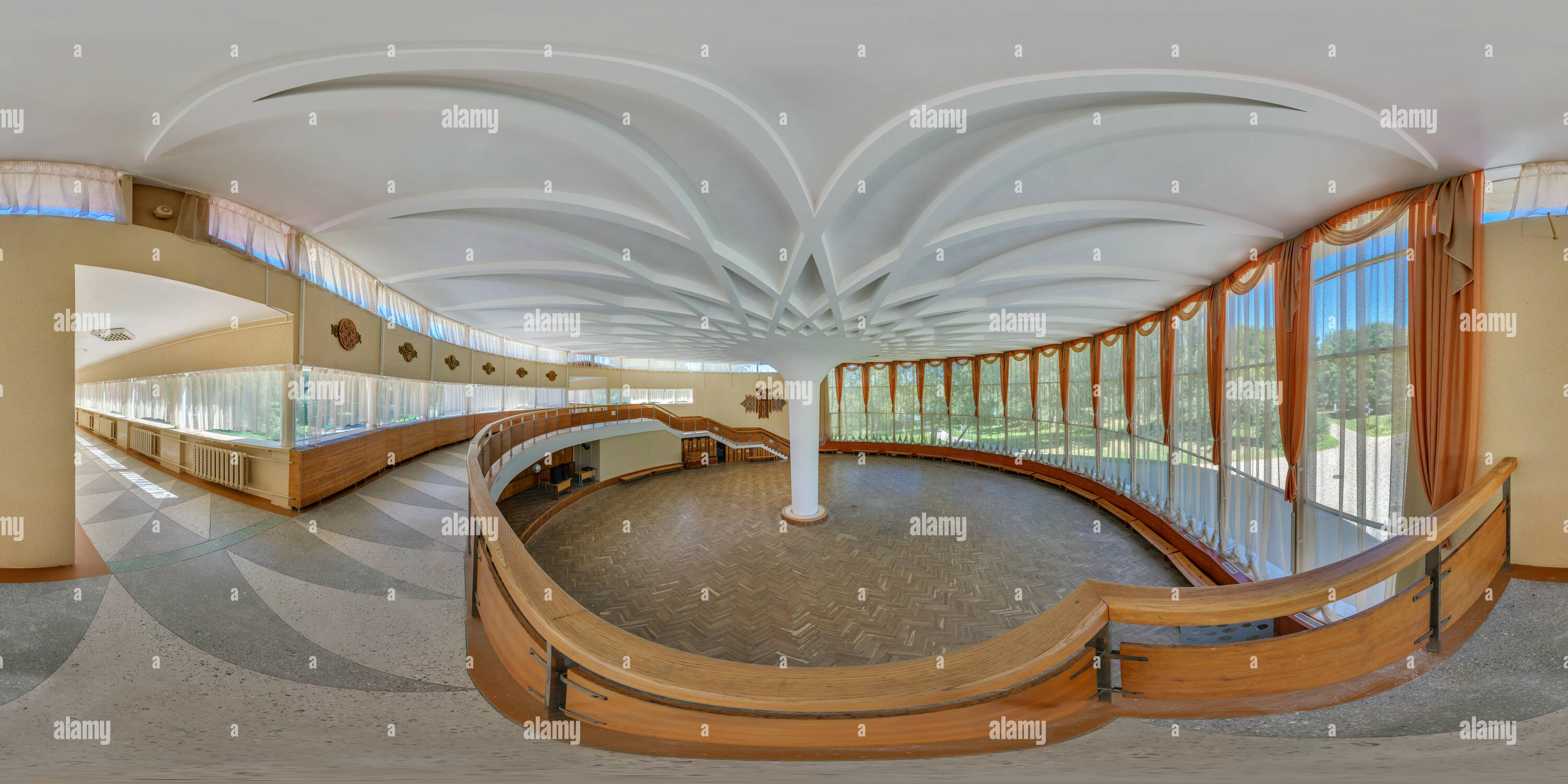 360 degree panoramic view of GRODNO, BELARUS - JULY 25, 2011:  Panorama in interior dance hall with staircase.  Full 360 by 180 degree seamless spherical panorama in equirectangul
