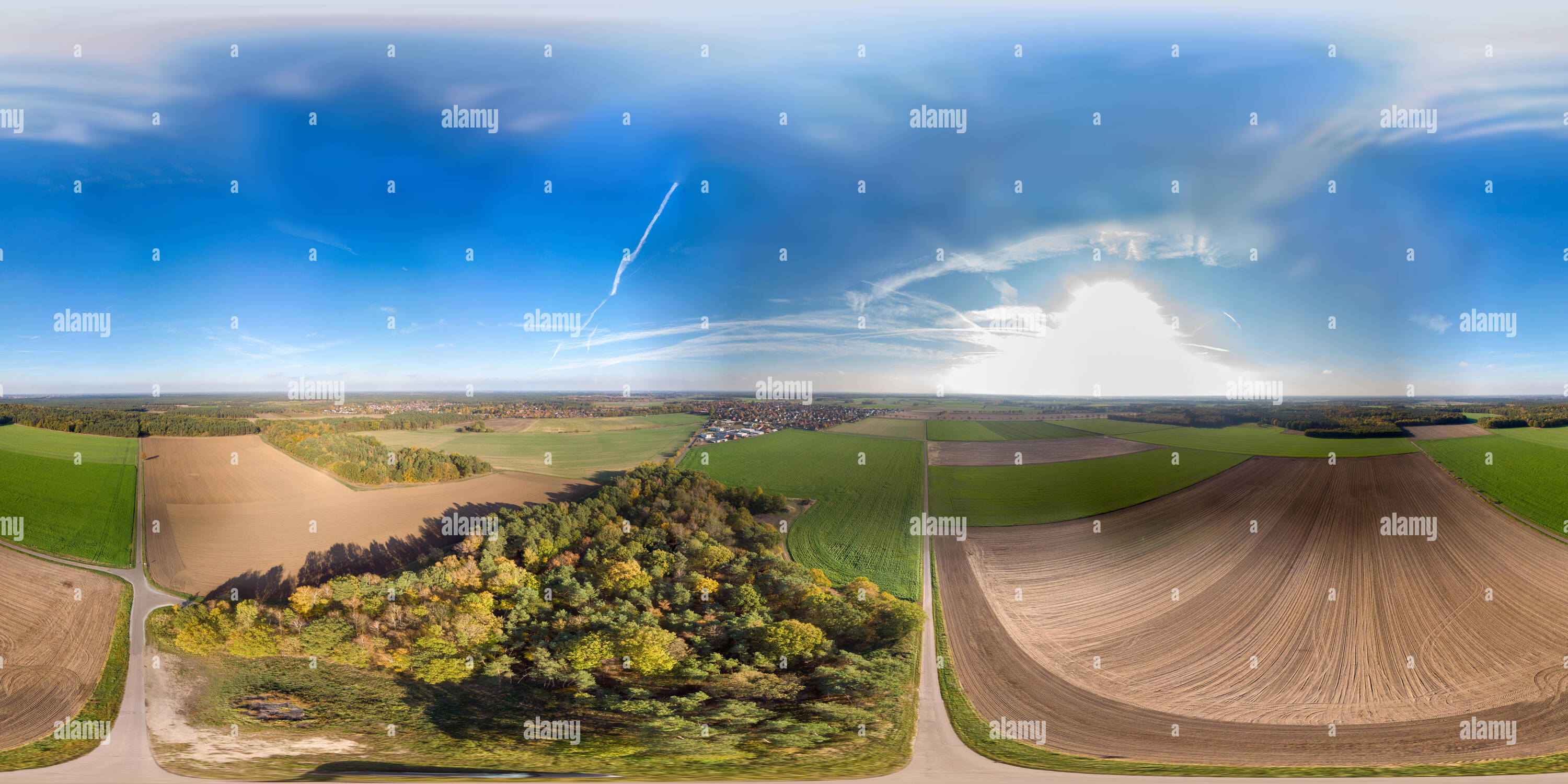 360° view of Panoramic view over a flat agricultural area in northern ...