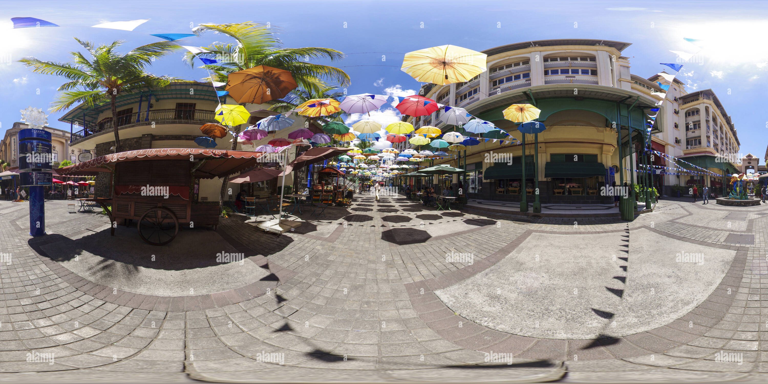 360 degree panoramic view of Umbrellas street in Port Louis, Mauritius