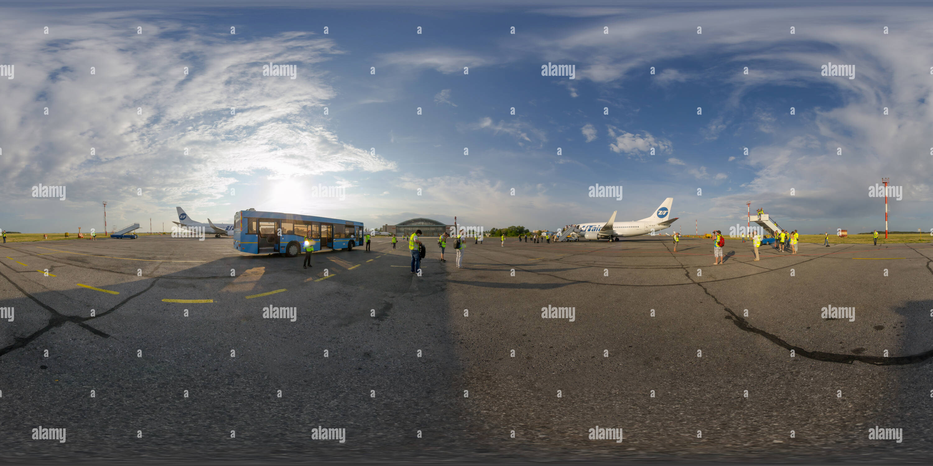 360 degree panoramic view of Samara Kurumoch International Airport. Passengers Boarding the plane.