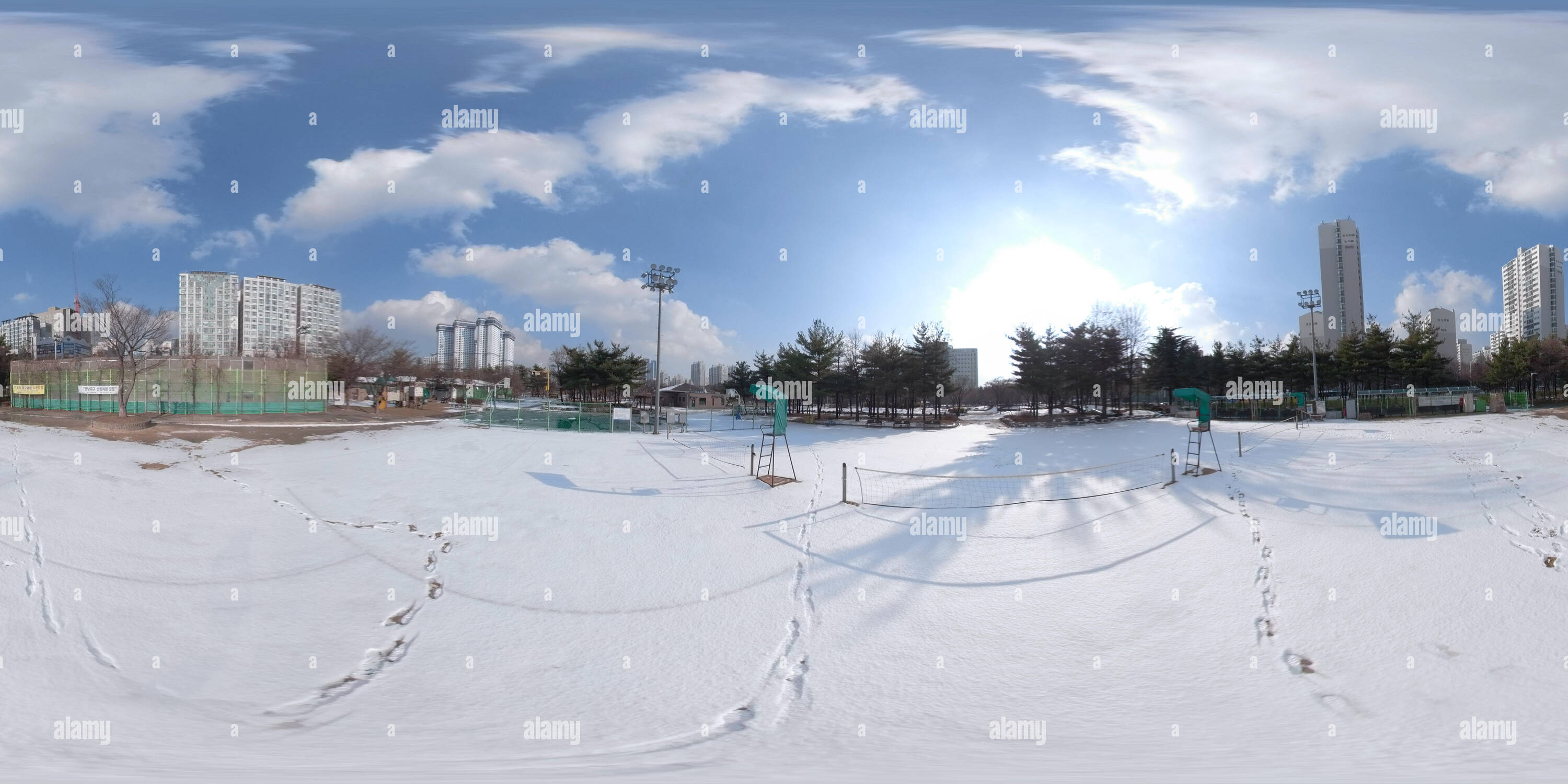 360 degree panoramic view of BUCHEON, SOUTH KOREA - December 13, 2018:  Panorama 360 degrees angle view of snow-covered park on a sunny day.
