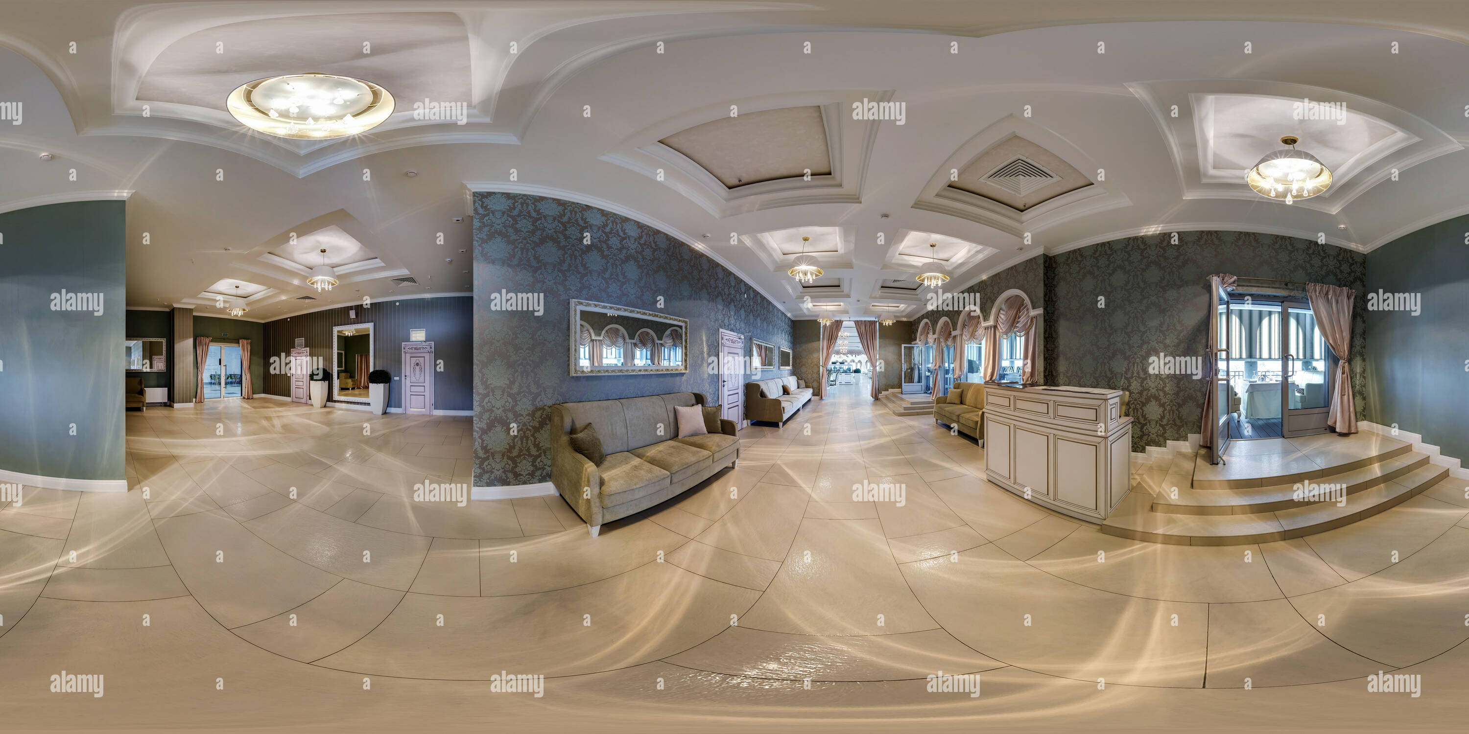 360 degree panoramic view of MINSK , BELARUS - JUNE 23, 2015: Inside of the interior of luxury stylish restaurant Belvedere. Full 360 by 180 degree seamless panorama in equirectan