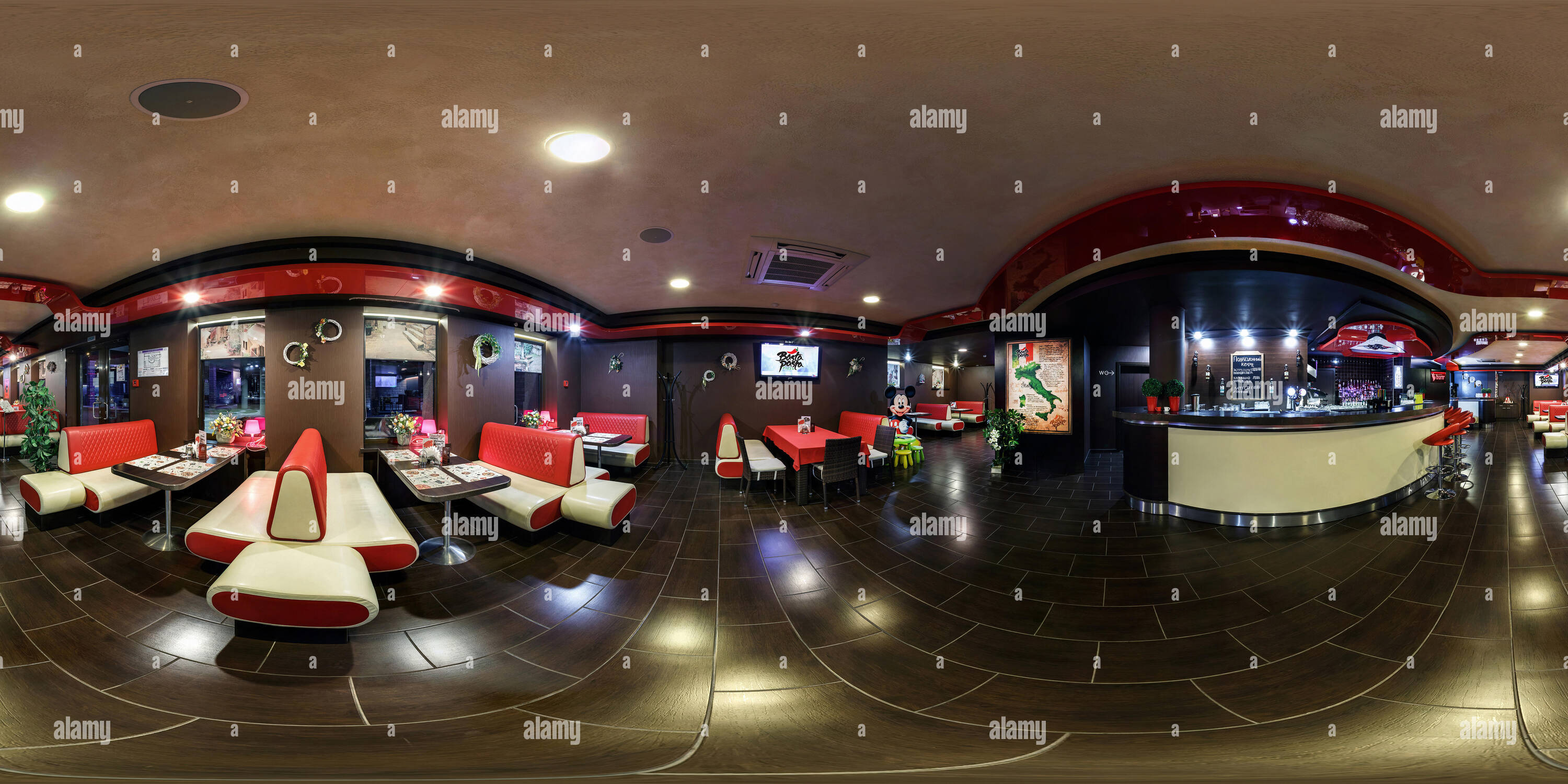 360 degree panoramic view of GRODNO, BELARUS - MARCH 8, 2015: Full 360 by 180 degree seamless panorama in equirectangular spherical projection in interior stylish italian cafe piz