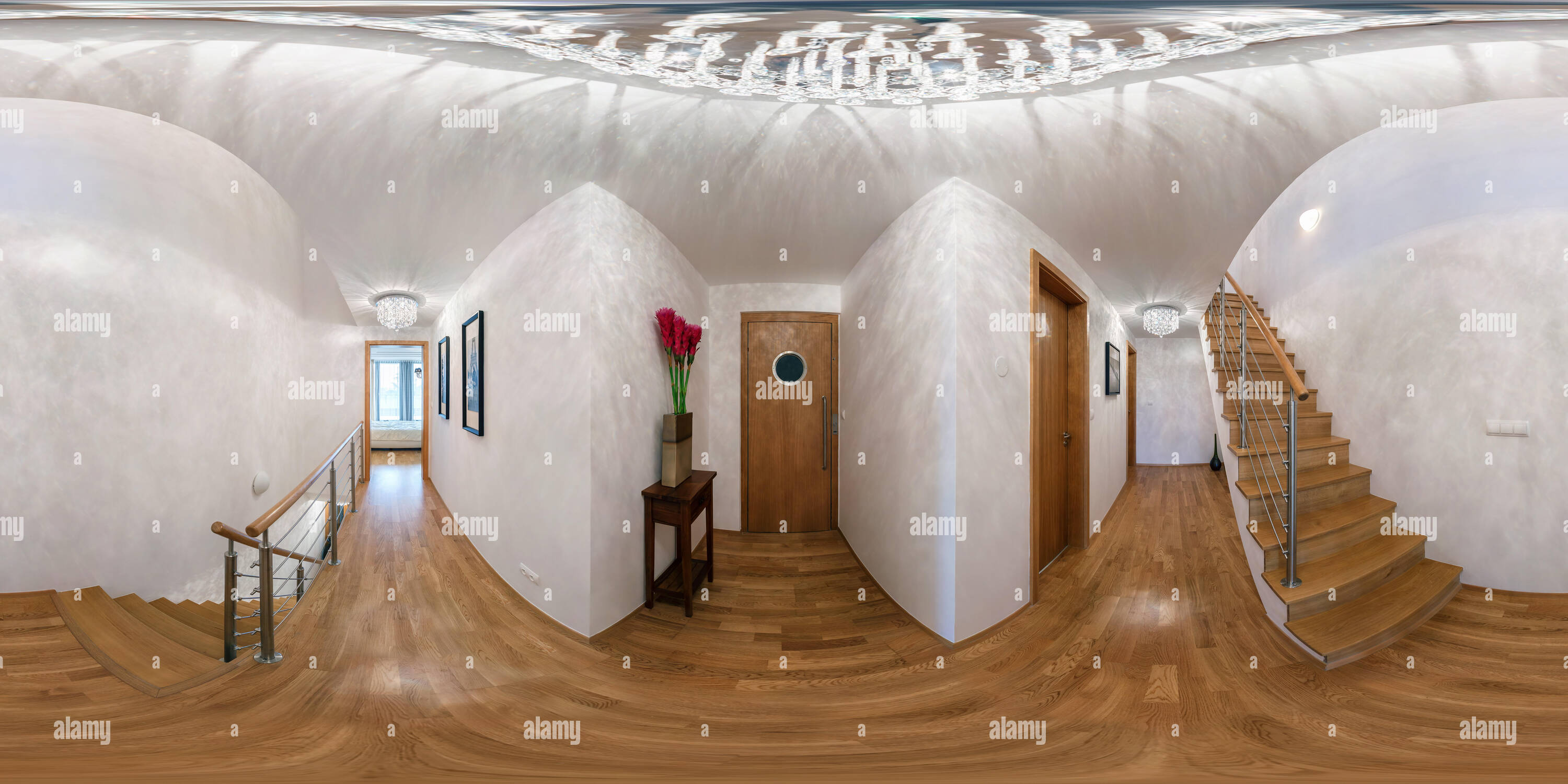 360 degree panoramic view of PRAHA, Czech - JULY 21, 2014: 360 panorama view in modern entrance hall with staircase and  parquet floor, full 360 by 180 degrees panorama in equirec