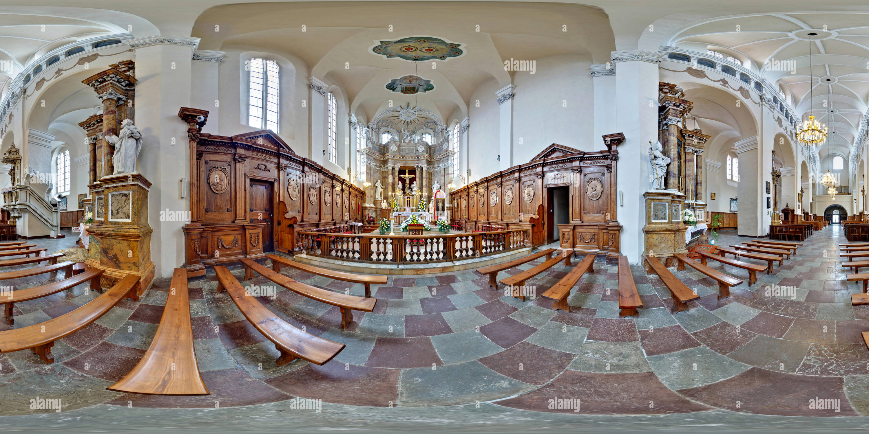 360 degree panoramic view of GRODNO, BELARUS - APRIL 29, 2011: 360 panorama view in interior of catholic church near altar. Full 360 by 180 degrees seamless panorama  in equirecta