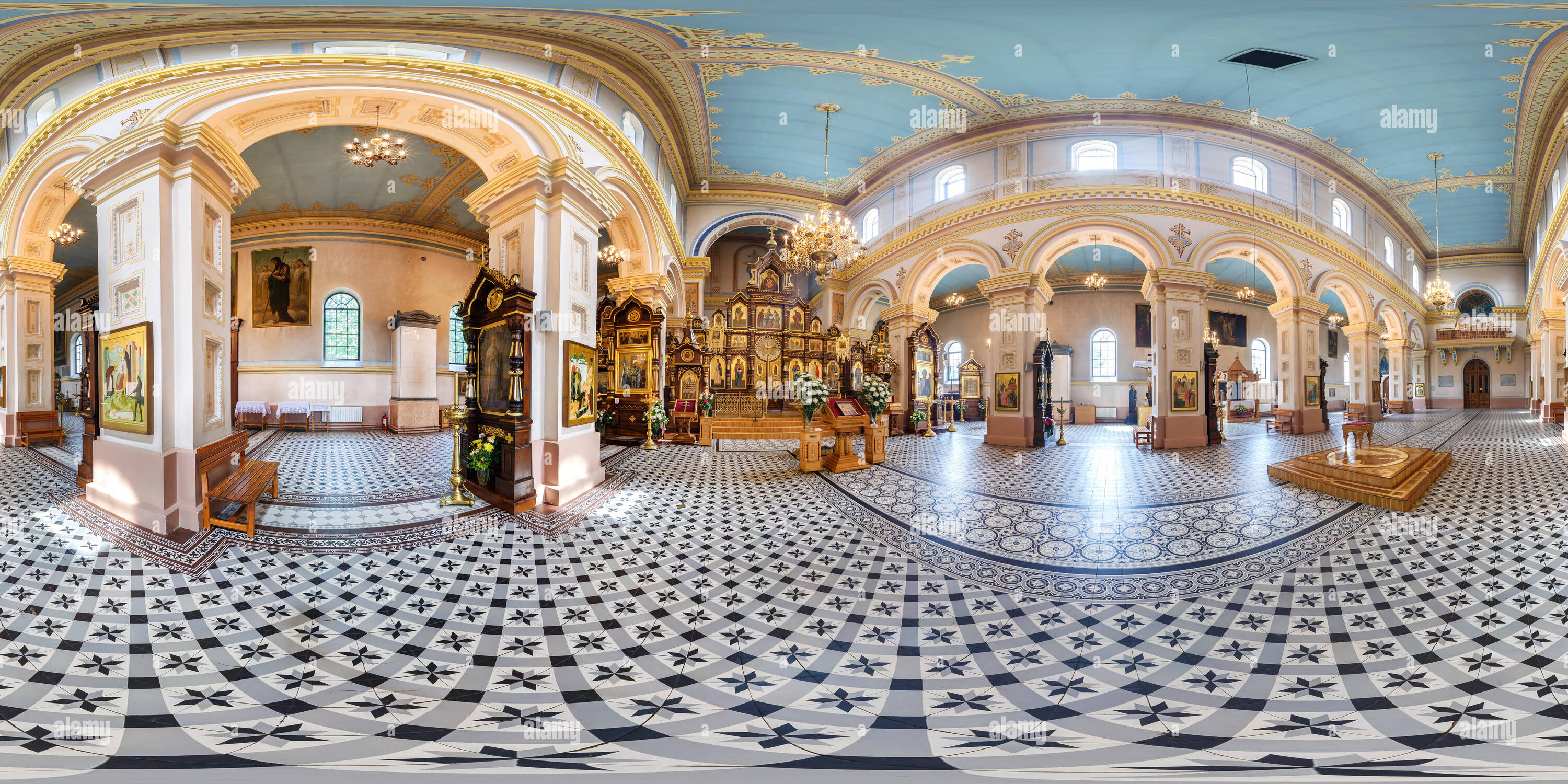 360 degree panoramic view of GRODNO, BELARUS - JUNE 4, 2014: 360 panorama view interior beautiful orthodox church. Full 360 by 180 degrees seamless panorama  in equirectangular sp