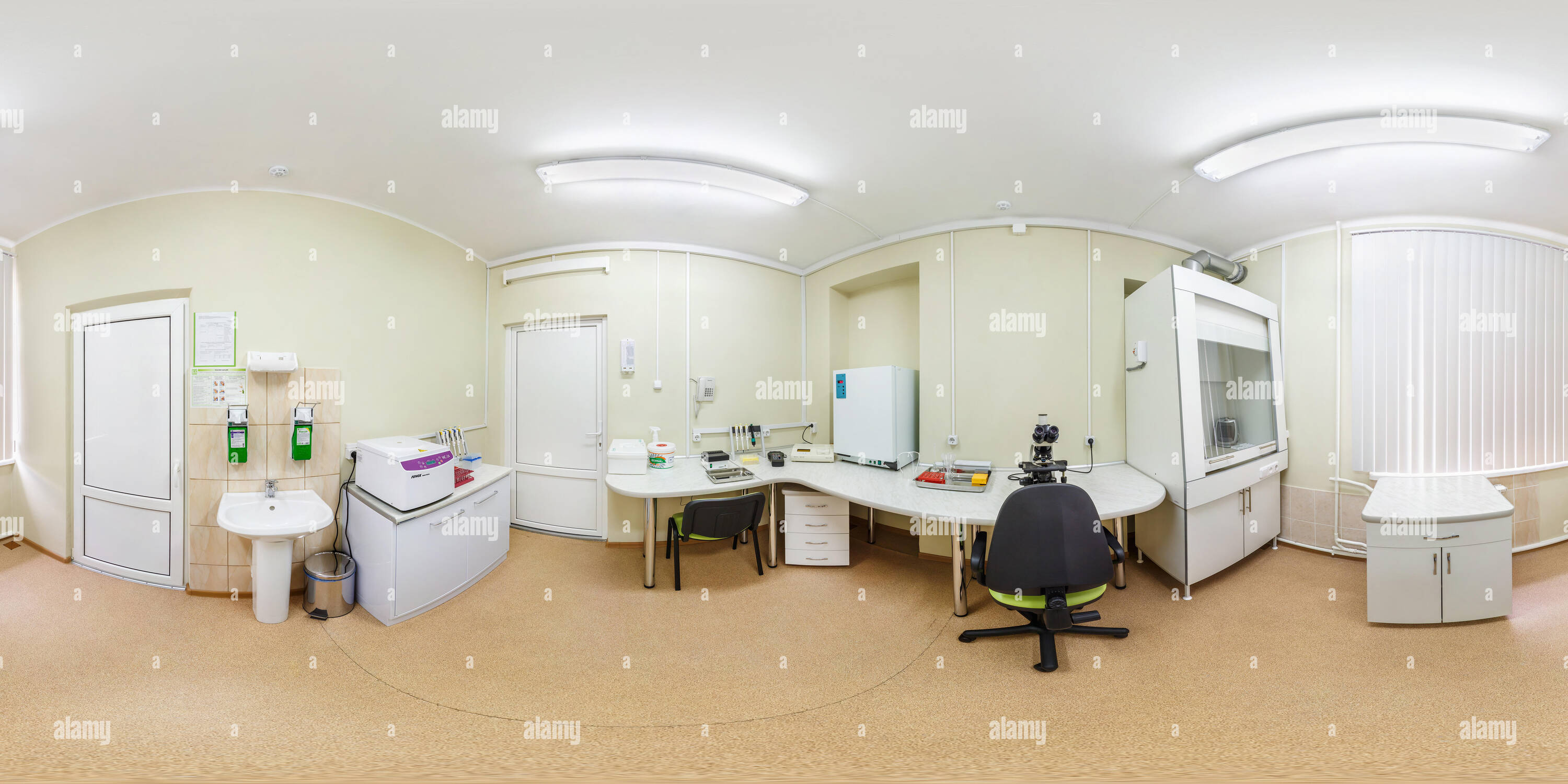 360 degree panoramic view of GRODNO, BELARUS - APRIL 20, 2017: 360 panorama view in modern medical laboratory, equipment for analysis. Full 360 by 180 degrees panorama in equirect