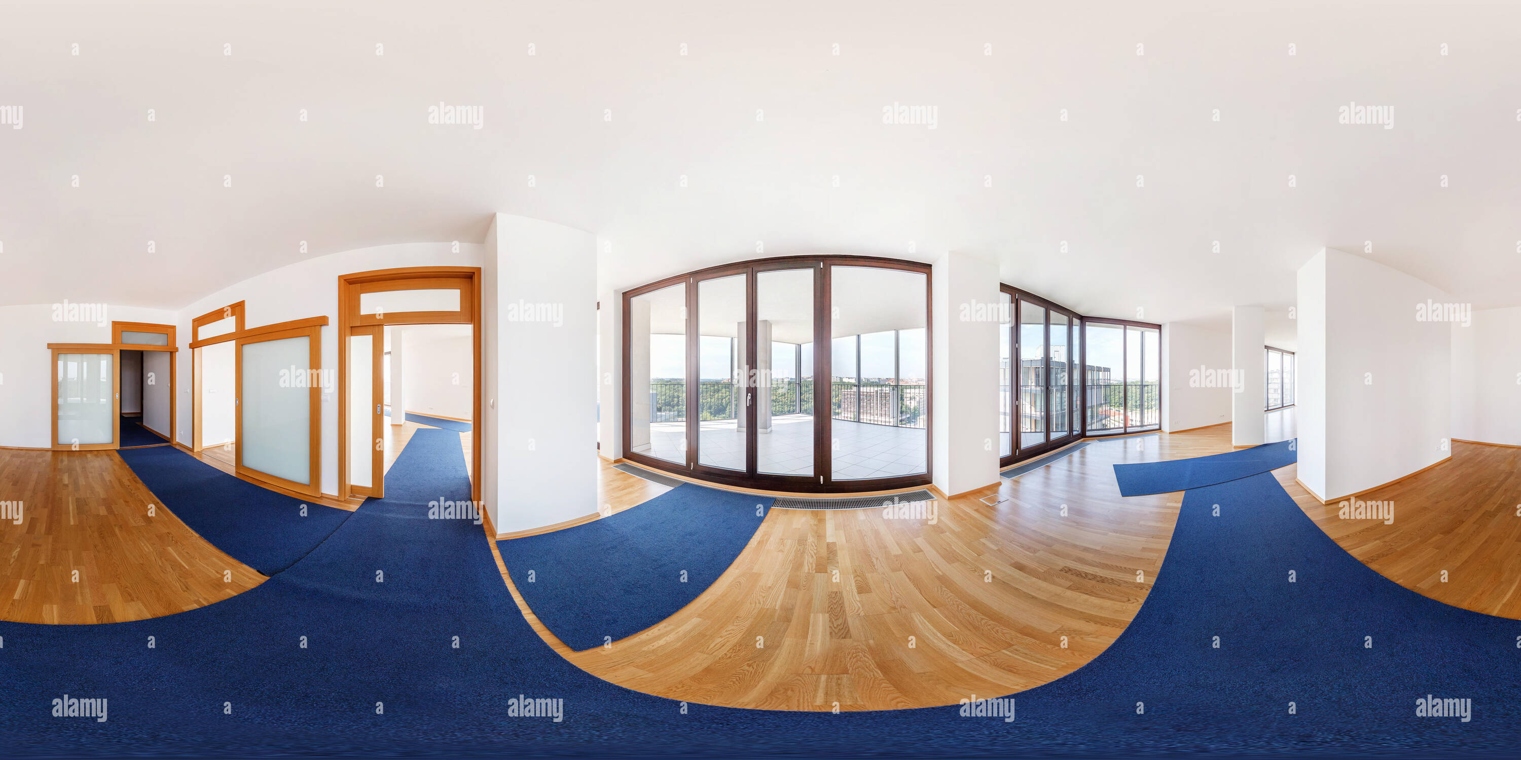 360 degree panoramic view of 360 angle seamless panorama view in modern white empty loft room overlooking the metropolis, full 360 by 180 degrees panorama in equirectangular spher