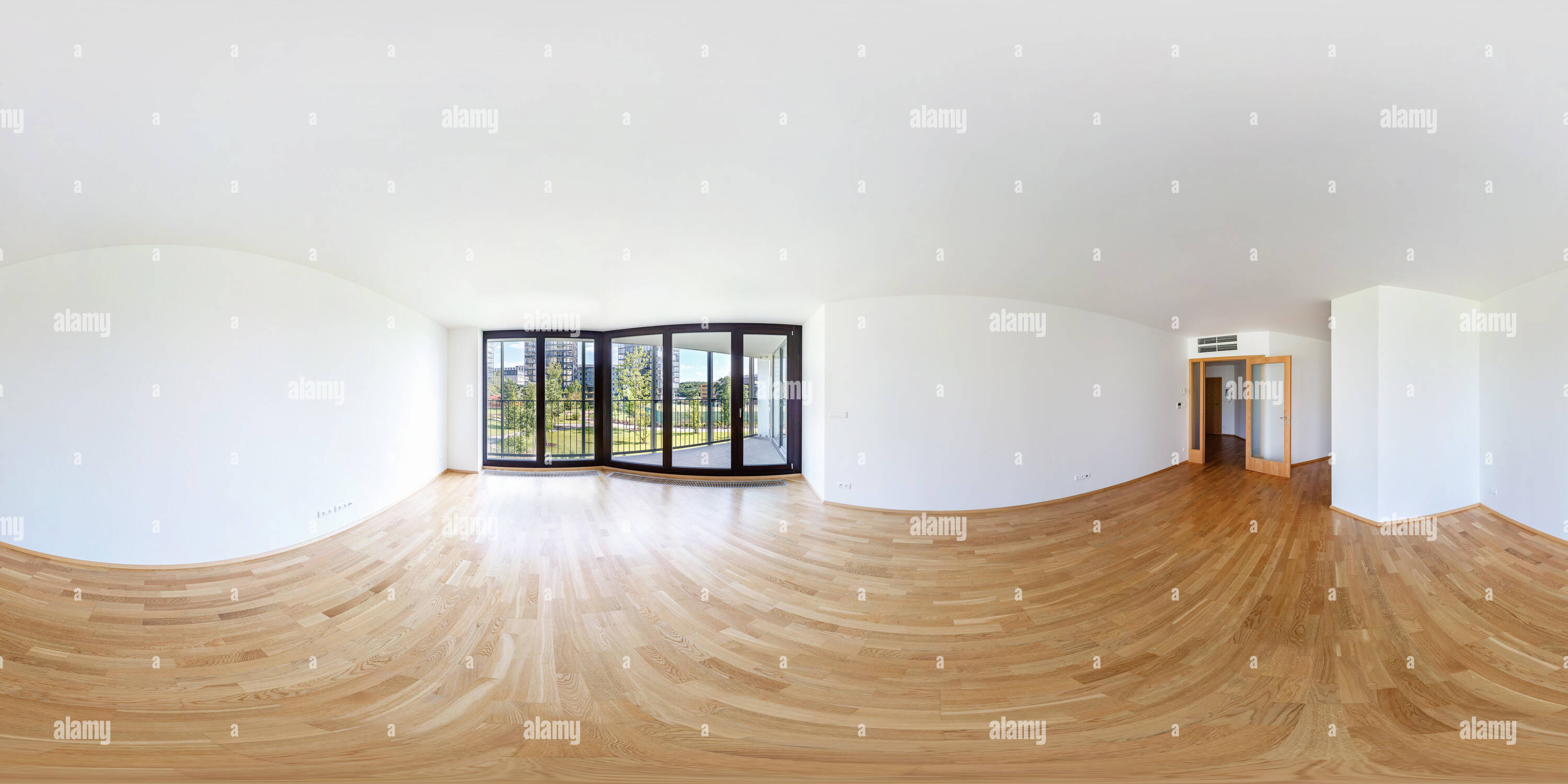 360 degree panoramic view of 360 panorama view in modern white empty loft room overlooking the metropolis, full 360 by 180 degrees panorama in equirectangular spherical projection