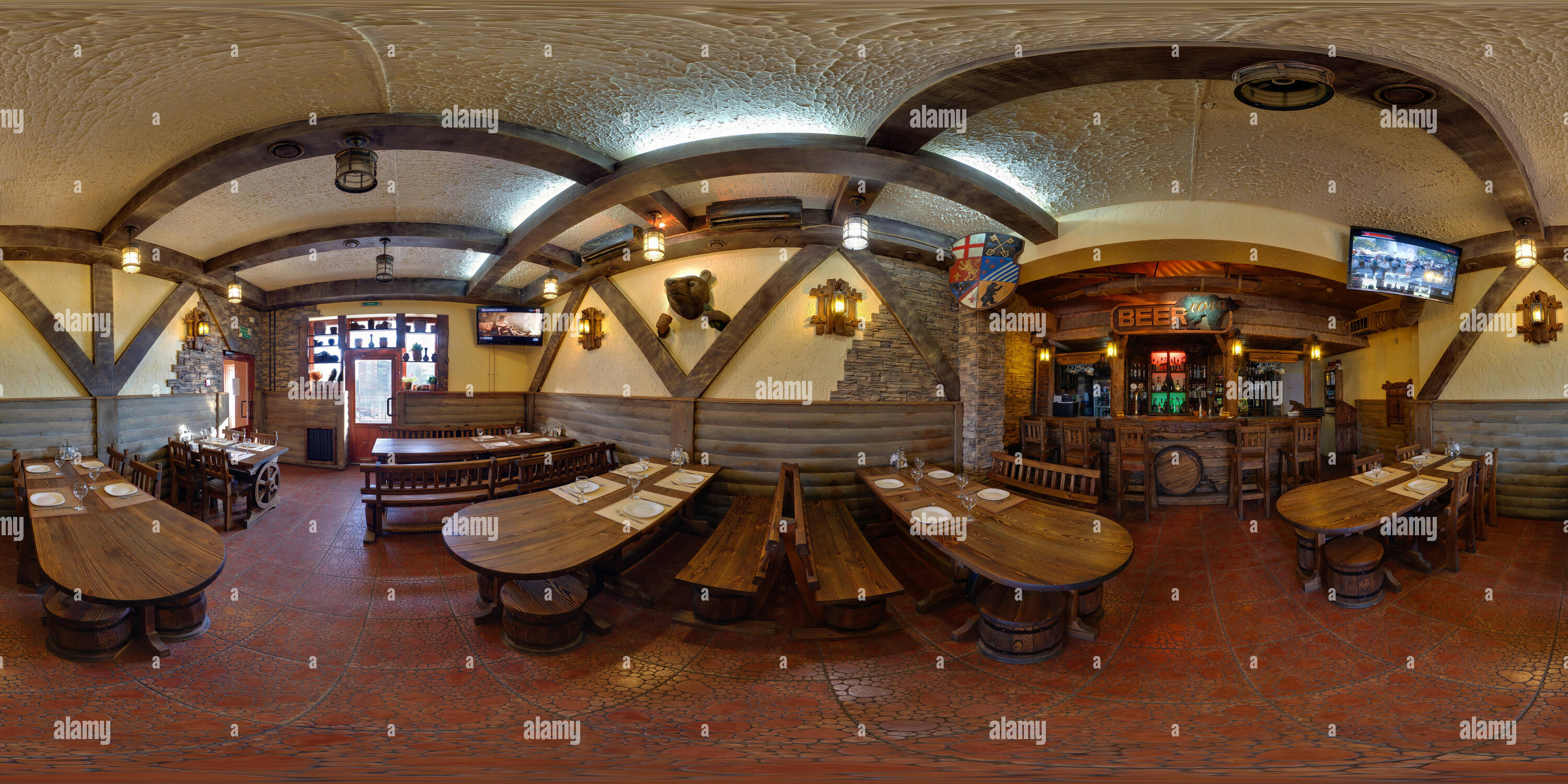 360 degree panoramic view of GRODNO, BELARUS - NOVEMBER 12, 2012: 360 panorama view in wooden interior of small stylish vintage cafe bar, full 360 by 180 degrees angle panorama in